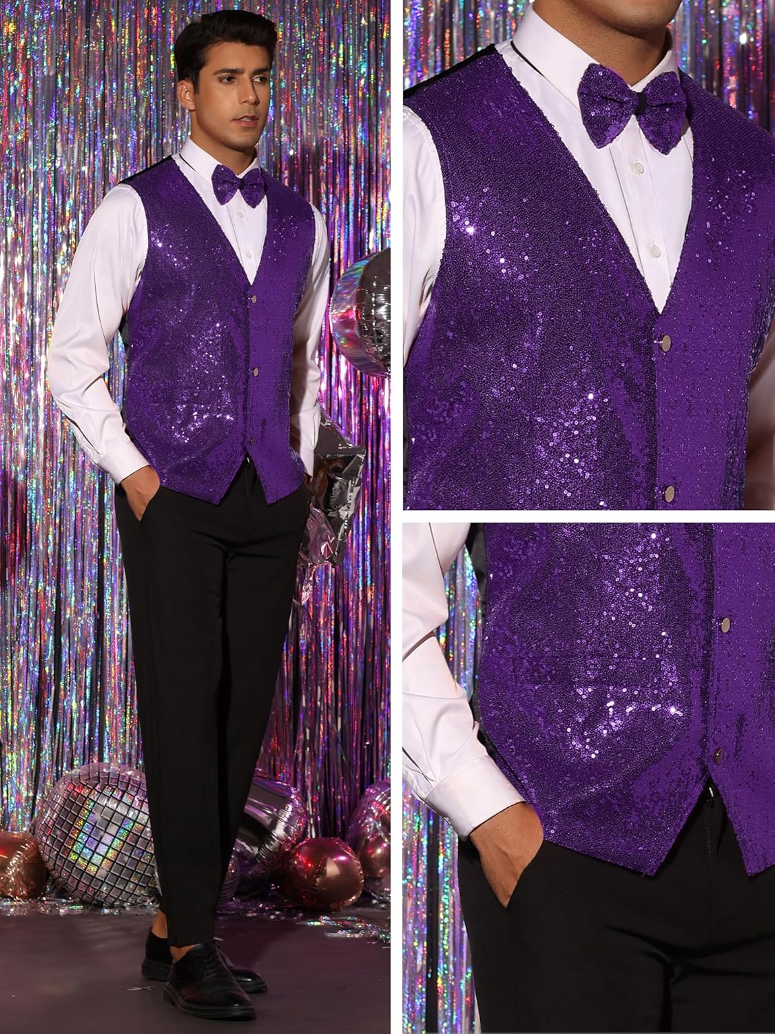 Lars Amadeus Sequins Vest for Men's V-Neck Slim Fit Shiny Disco Party Sleeveless Waistcoat Bowtie - Image 5