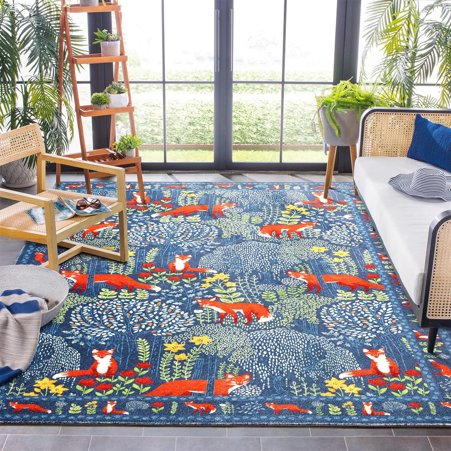 Cute Woodland Forest Living Room Rug Vibrant Blue Botanical Floral 8x10 Area Rug Washable, Whimsical Nature Animals Kids Rug Boho Vintage Aesthetic Carpet for Nursery Dining Room Entryway Bedroom