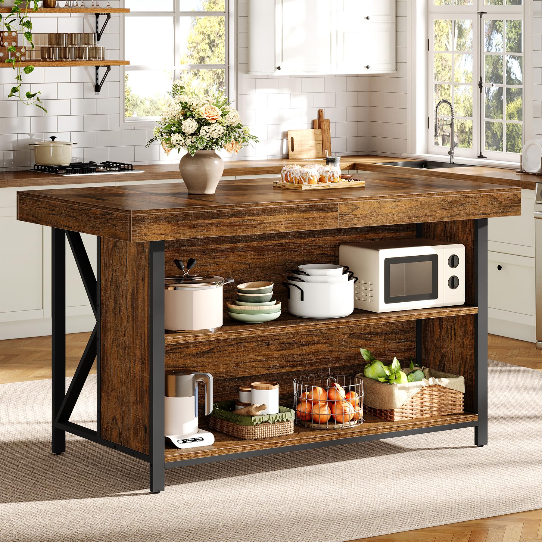 Tribesigns Large Kitchen Island with Storage, 55-Inch Wooden Stationary Island Table with Metal Frame, 3-Tier Industrial Center Bar Table with Thickened Countertop for Kitchen, Dining Room, Brown