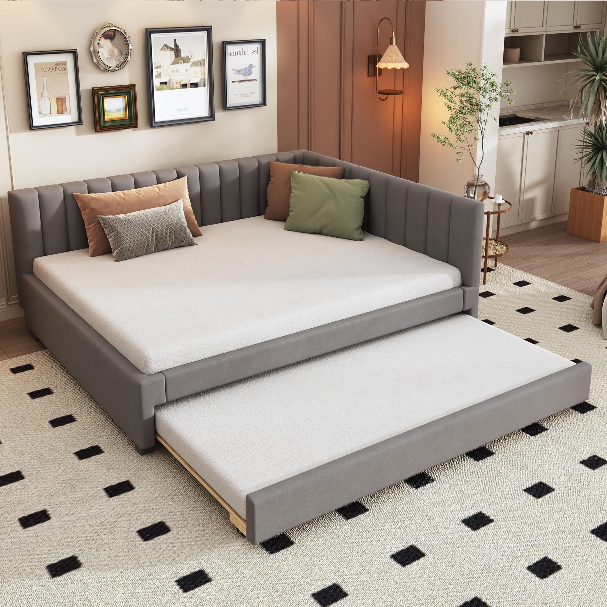Polsterbett 140x200, Ausziehbares Schlafsofa,Sofabett, Multifunktionsbett mit Lattenrost, Jugendbetten Kinderbetten Gästebetten, Zwei betten, Schlafcouch, Funktionsbett Beige (Grau-140)
