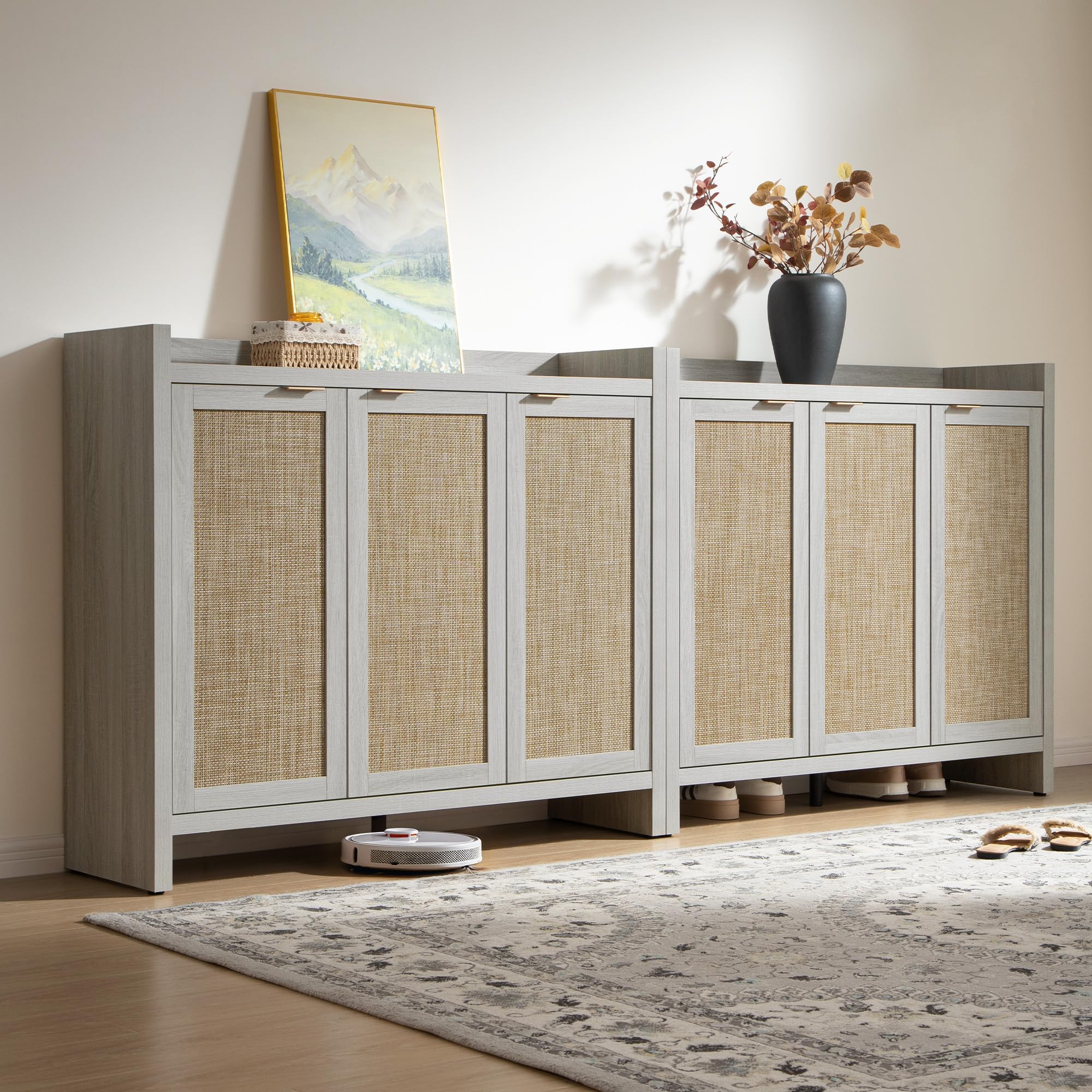 SICOTAS Shoe Storage Cabinet Set of 2, 30 Pairs Rattan Shoe Cabinet Storage for Entryway, 6-Tier 41" Tall Shoe Cabinet Storage, Farmhouse Boho Storage Cabinet with Doors for Entryway, Whitish-Gray Oak