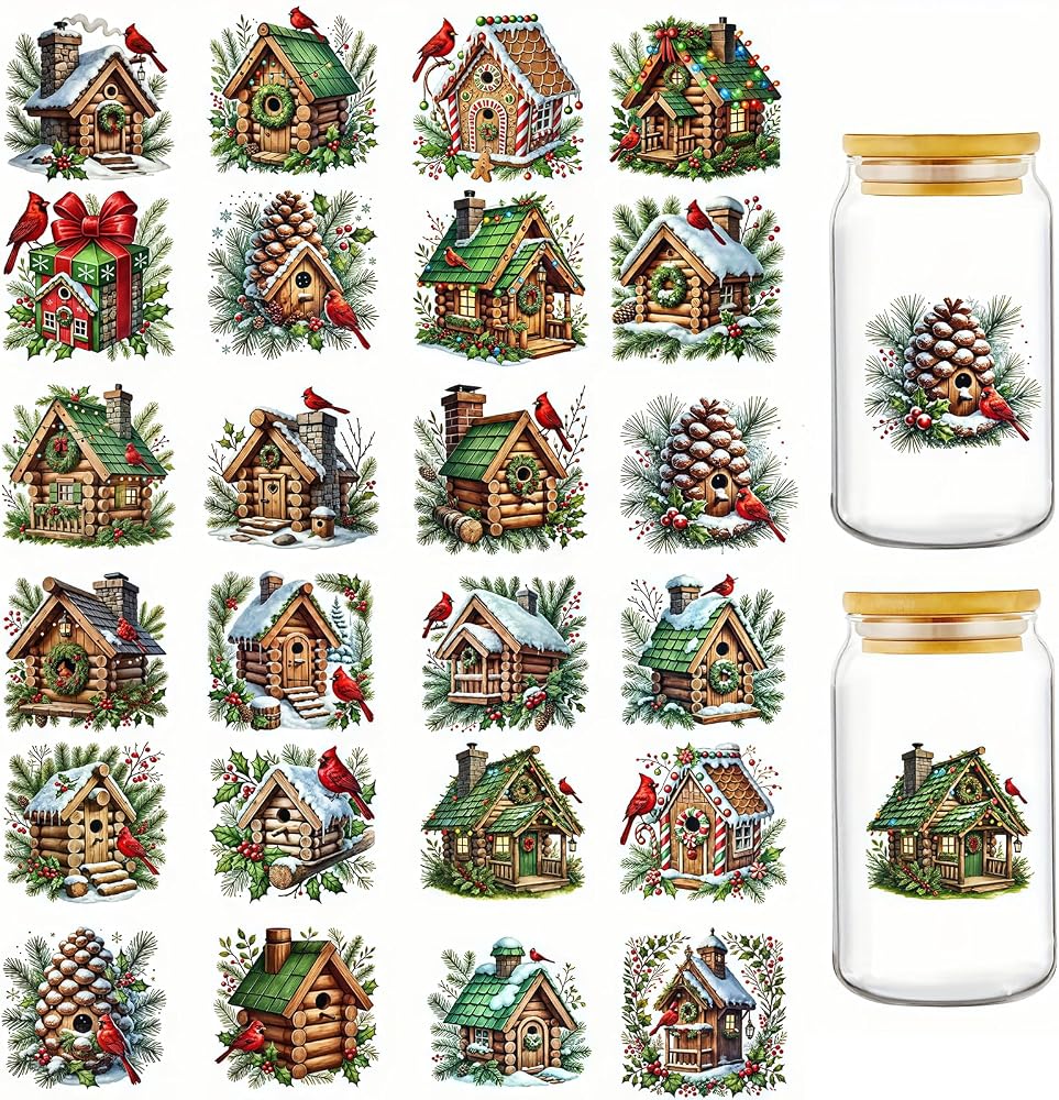 24pcs Christmas Bird Pine House UV DTF Cup Wraps Transfer Waterproof Sticker for Glass Cups Furniture Craft DIY Crafts，Rub on Transfer Stickers for DIY Water Bottle Laptop Decal Wood Car — 사진 1