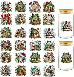 24pcs Christmas Bird Pine House UV DTF Cup Wraps Transfer Waterproof Sticker for Glass Cups Furniture Craft DIY Crafts，Rub on Transfer Stickers for DIY Water Bottle Laptop Decal Wood Car