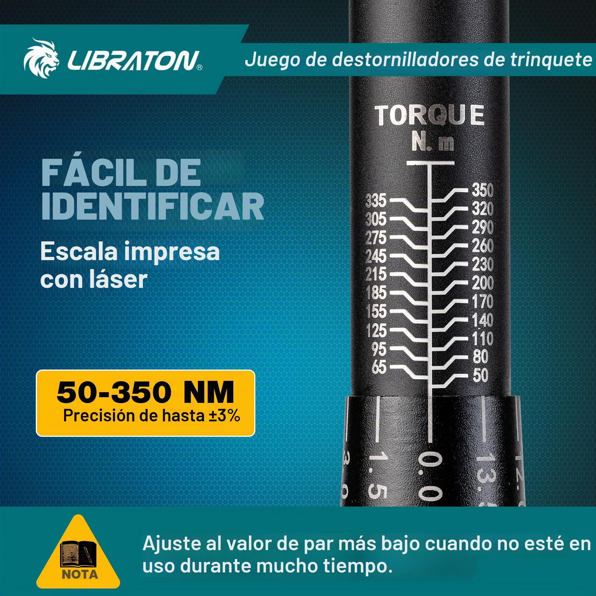 LIBRATON Llave Dinamométrica 1/2", 50-350 Nm Llave de Torque, Llave Dinamométrica Moto con Clic, Precisión ±3%, Mango Articulado 1/2", 72 Dientes de Doble Dirección Ajustable, para Moto y Coche