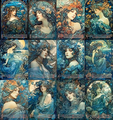 Miniatura 2 de Calendario de pared 2024 12 páginas de 8 x 12 pulgadas Hermosas mujeres con vestidos azules rodeados de flores increíbles, póster de ilustración de