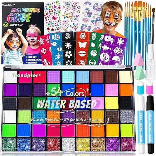 Kit de pintura facial de 54 colores para niños, kit de maquillaje de pintura facial no tóxica  con plantilla, libro guía, kit de maquillaje de