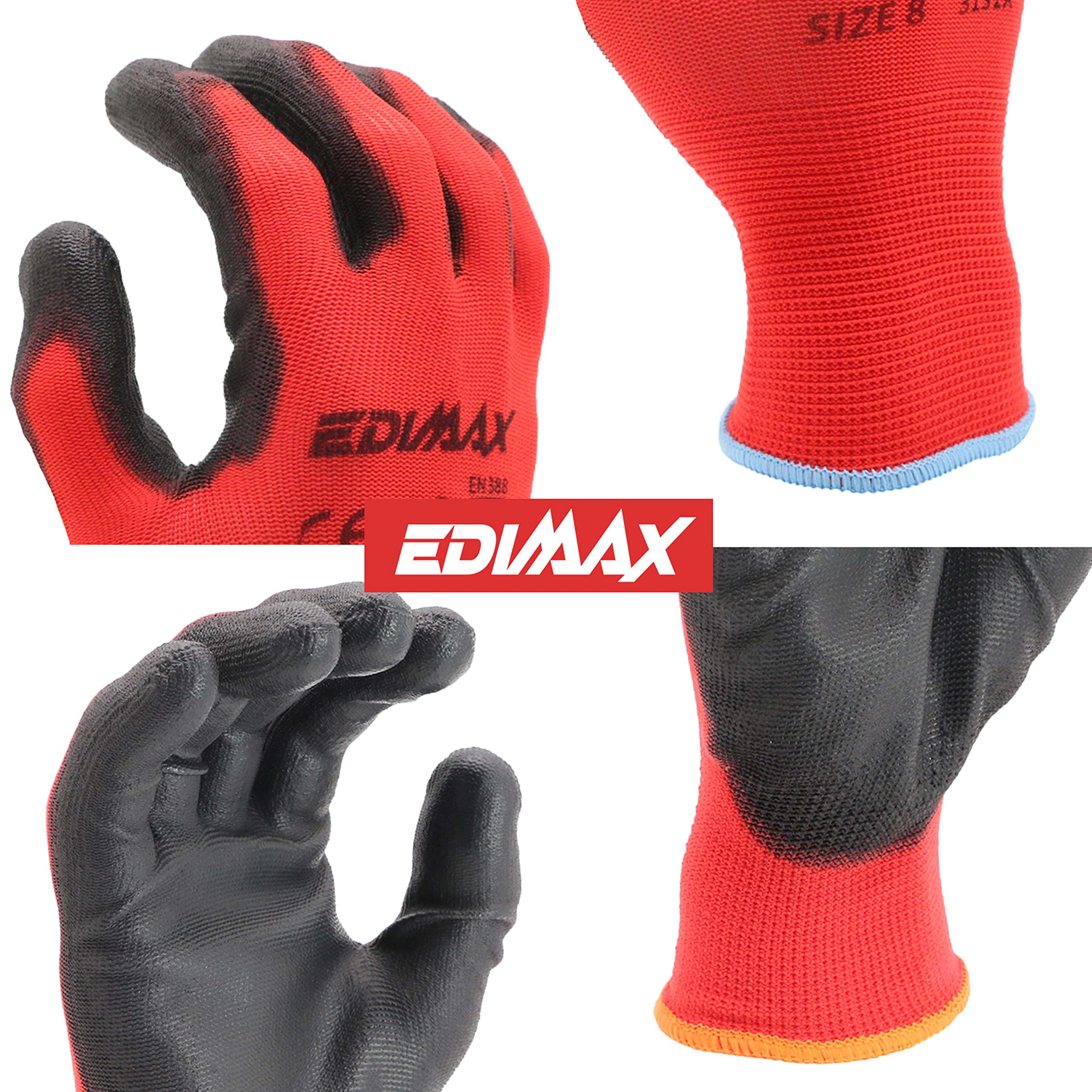 EDIMAX, Guantes Trabajo, Alta Resistencia a la Abrasión y al Desgarro nivel 3, Recubrimiento de Naylon PU, Versátiles, Protección Mecánica e Industrial (12 pares)