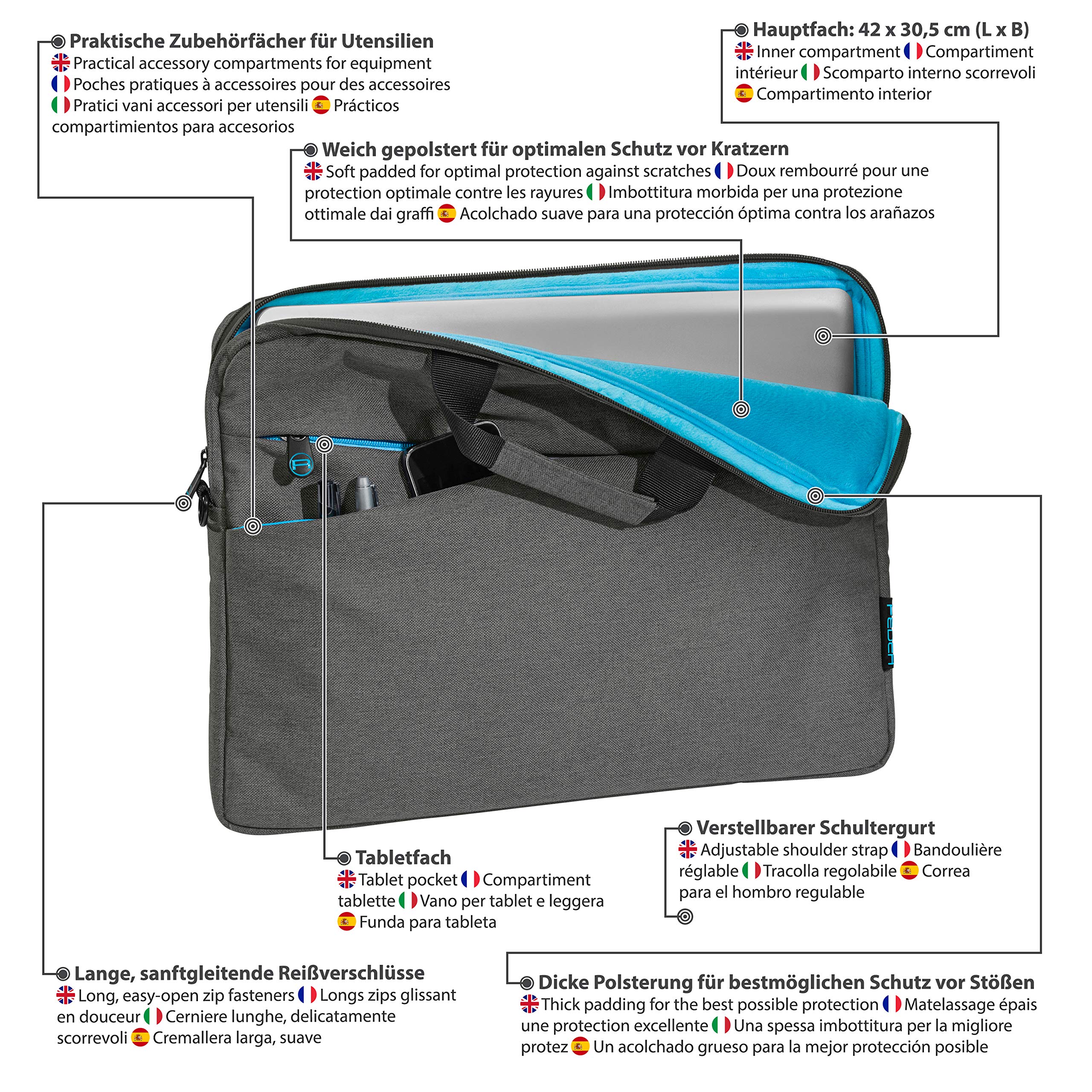 PEDEA torba na laptopa "Fashion" torba na notebooka do 17,3 cala (43,9 cm), torba na ramię z paskiem na ramię, w zestawie zamek do notebooka, szara