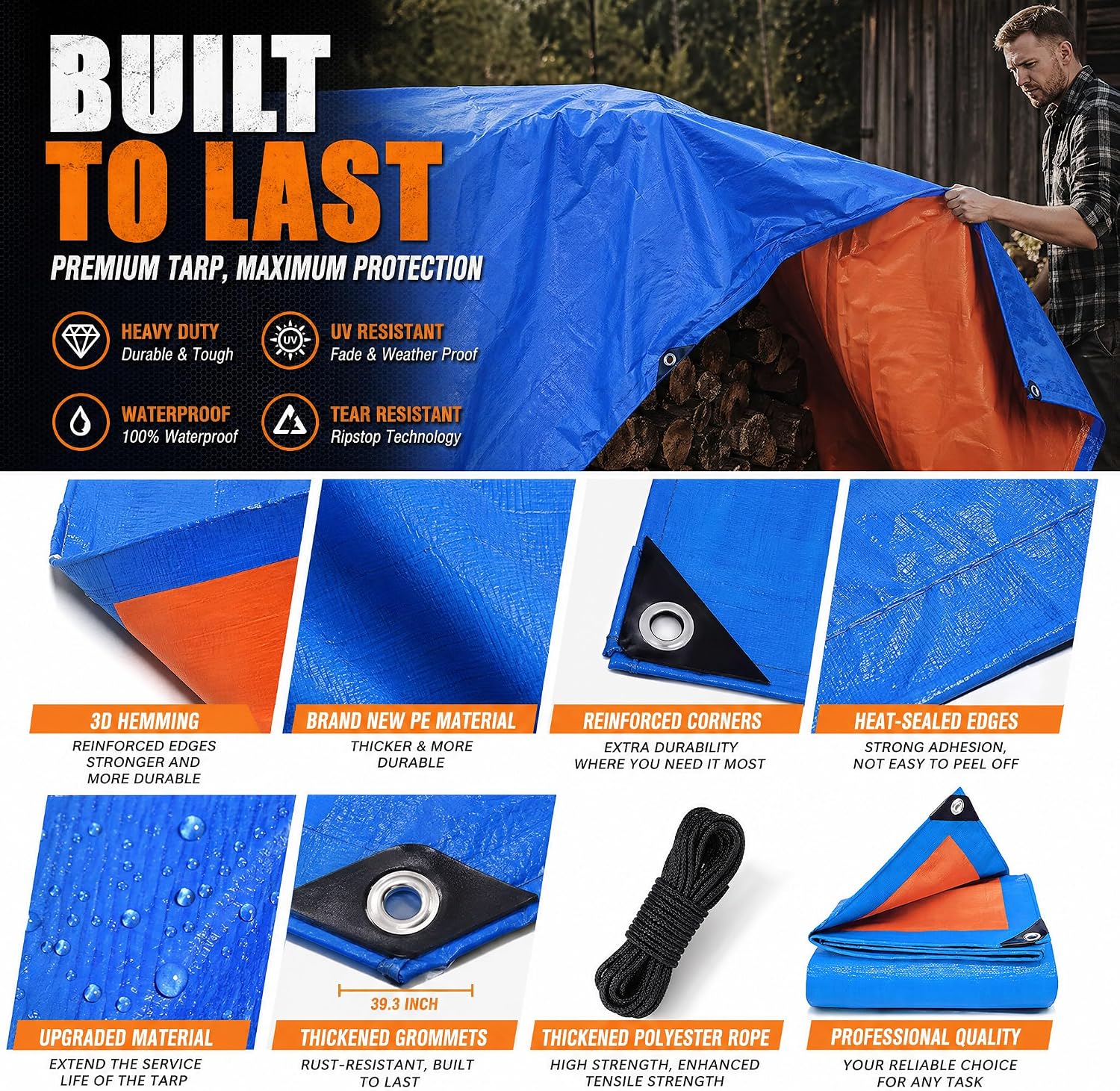1 Pack Heavy Duty Waterproof Tarpaulin - Blue & Red Reinforced PE Tarp with Grommets,10 Mil Thick,UV Resistant Weatherproof Cover for Truck, Camping & Construction (6 * 9FT)