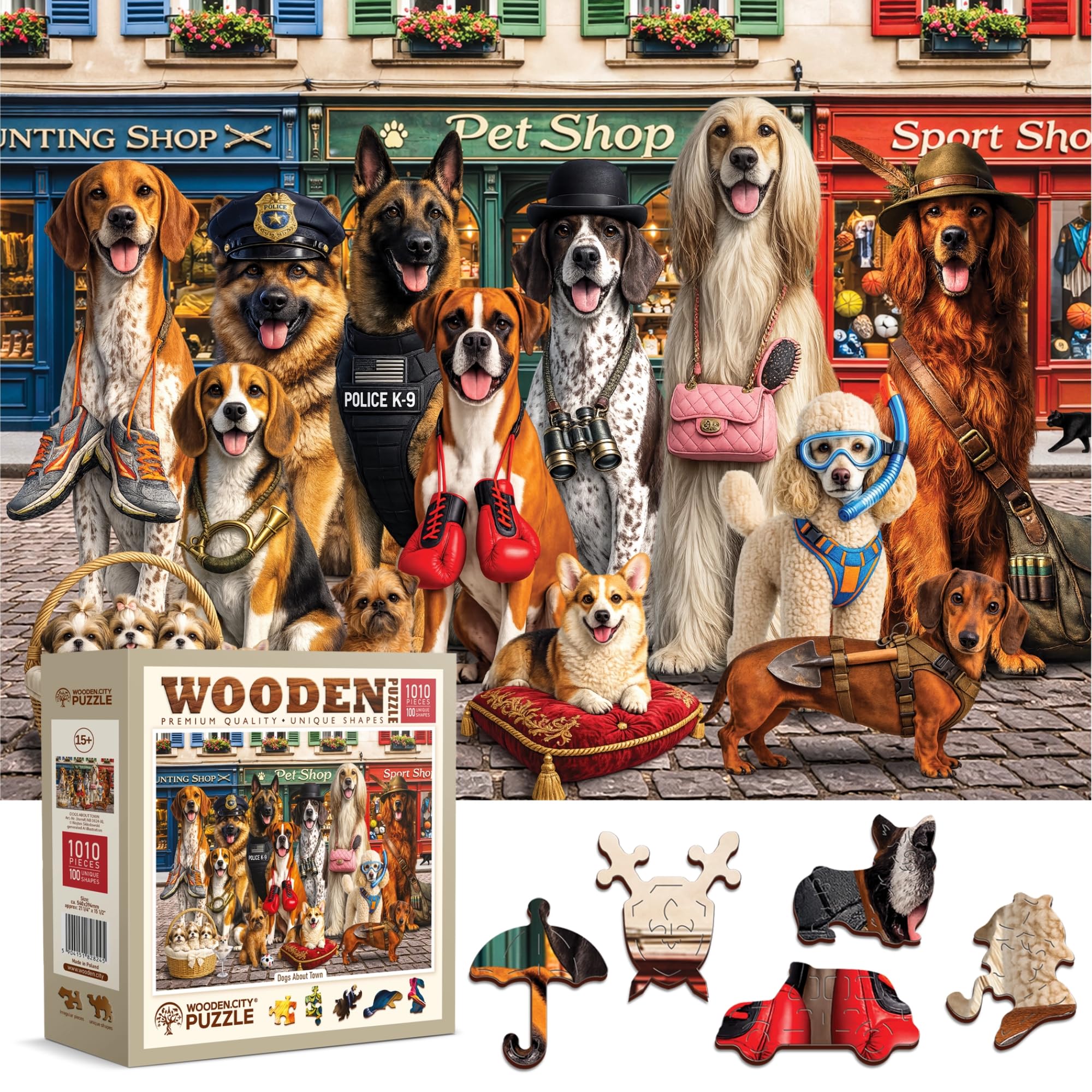 WOODEN.CITY Dogs About Town Wooden Puzzle 1000 Pieces for Adults – Premium Wooden Jigsaw with 100 Unique Shaped Pieces, Dog Lovers Gift, Colourful Pet Shop Artwork