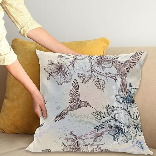 Miniatura 2 de Ambesonne Funda de cojín decorativa cuadrada de colibrí, pájaros y flores de hibisco, diseño antiguo y nostálgico, estampado clásico, 20 x 20