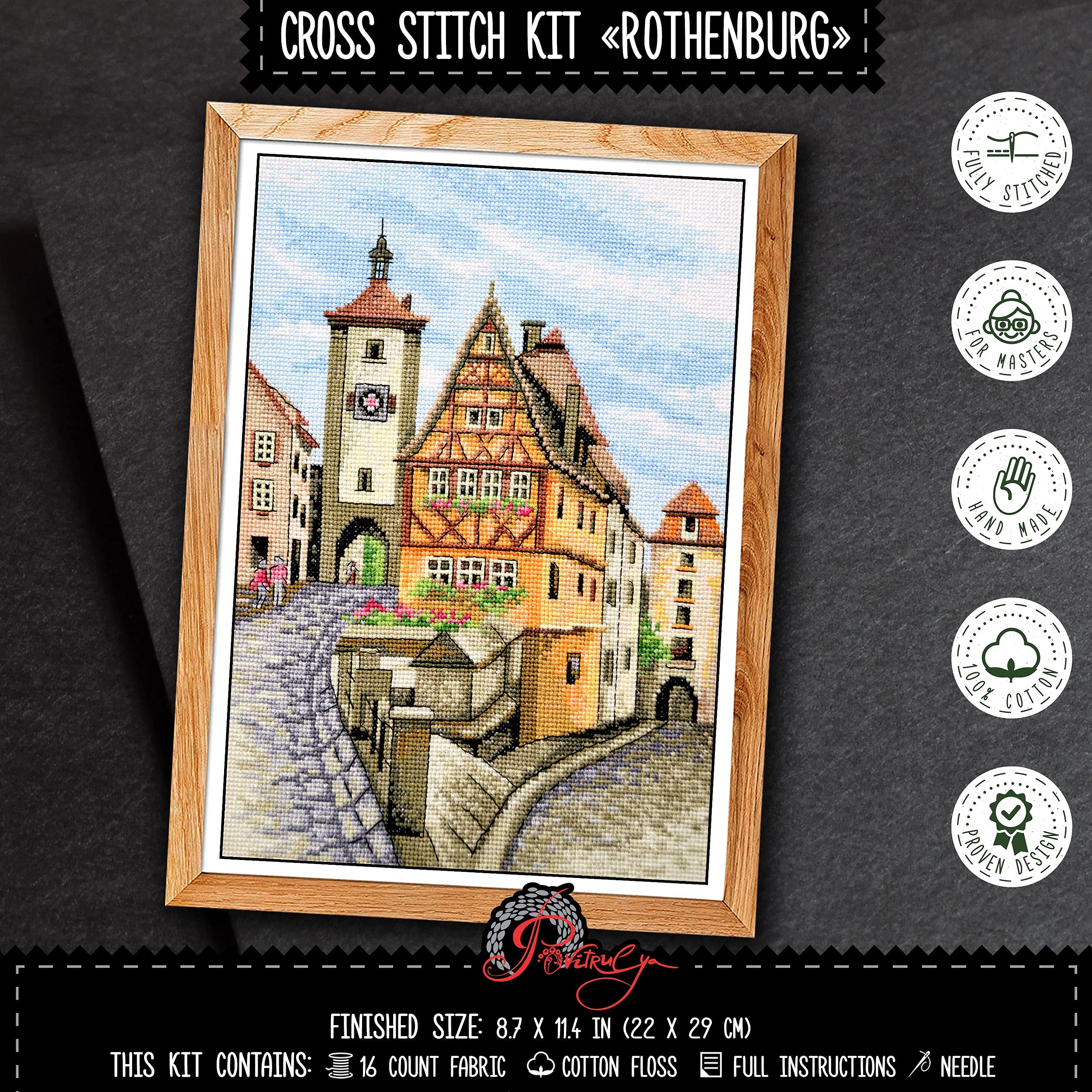 Pejzaż miejski zestawy do haftu krzyżykowego dla dorosłych: zestaw do haftu "Rothenburg" z policzonym wzorem, tkanina Aida 14 sztuk i wstępnie posortowana nić bawełniana