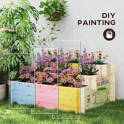 Miniatura 6 de Outsunny Cama de jardín elevada de 3 niveles con 9 rejillas de cultivo y forro de cama, kit de maceta de madera elevada, caja de flores para