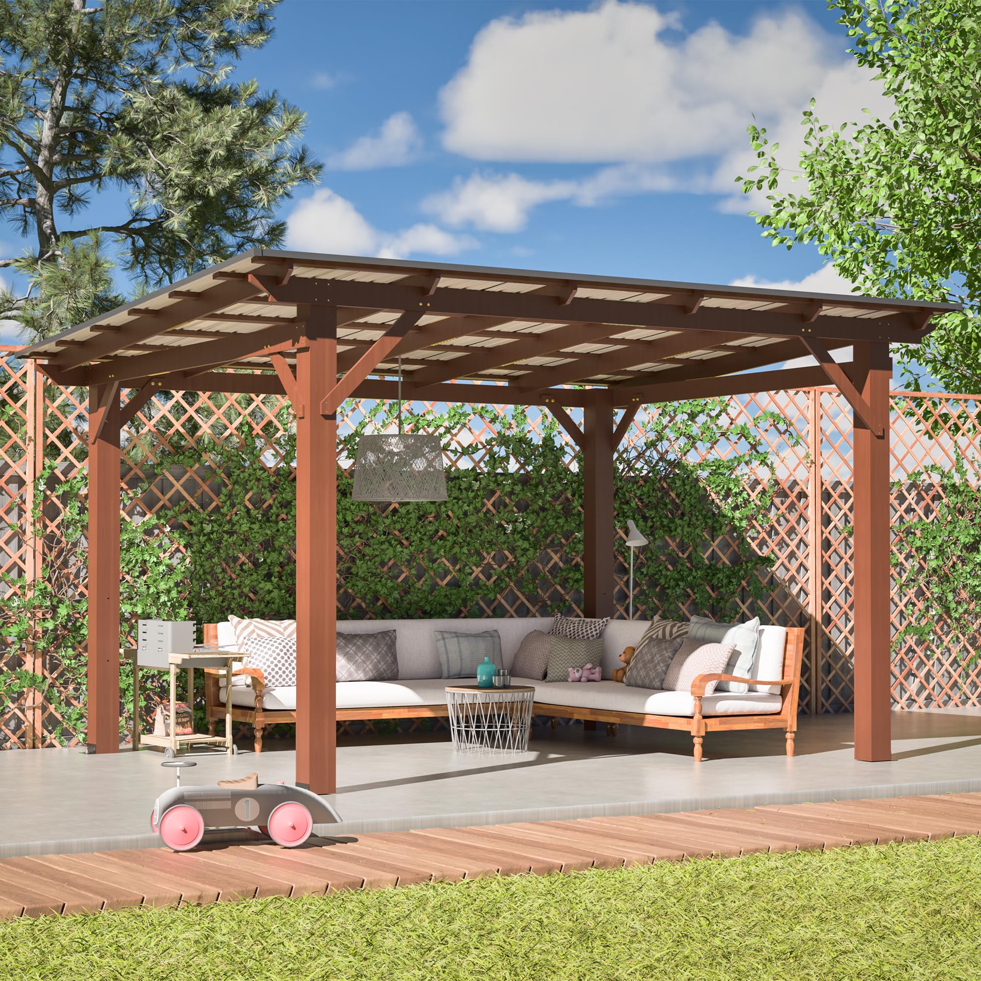10' x 13' Wooden Pergola with Sloping Metal Roof, Heavy Duty Fir Wood Frame Patio Gazebo, Wind-Resistant UV &amp; Rain Protection Outdoor Shelter for Garden, Backyard, BBQ or Deck