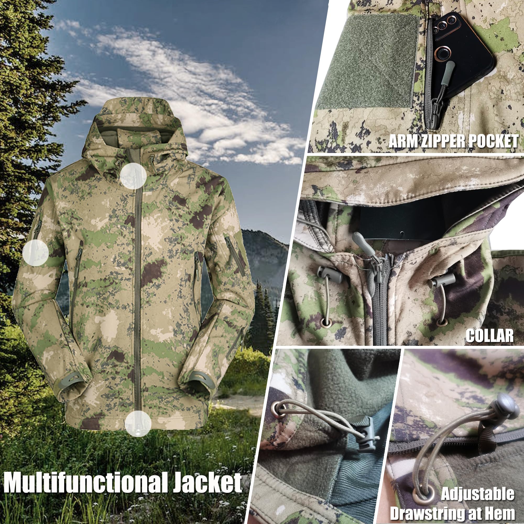 Kelmon Uomo Tattico Softshell Giacca Multifunzionale Outdoor Camouflage Militare Pile Fodera Impermeabile Antivento Calda Cappuccio Cappotto