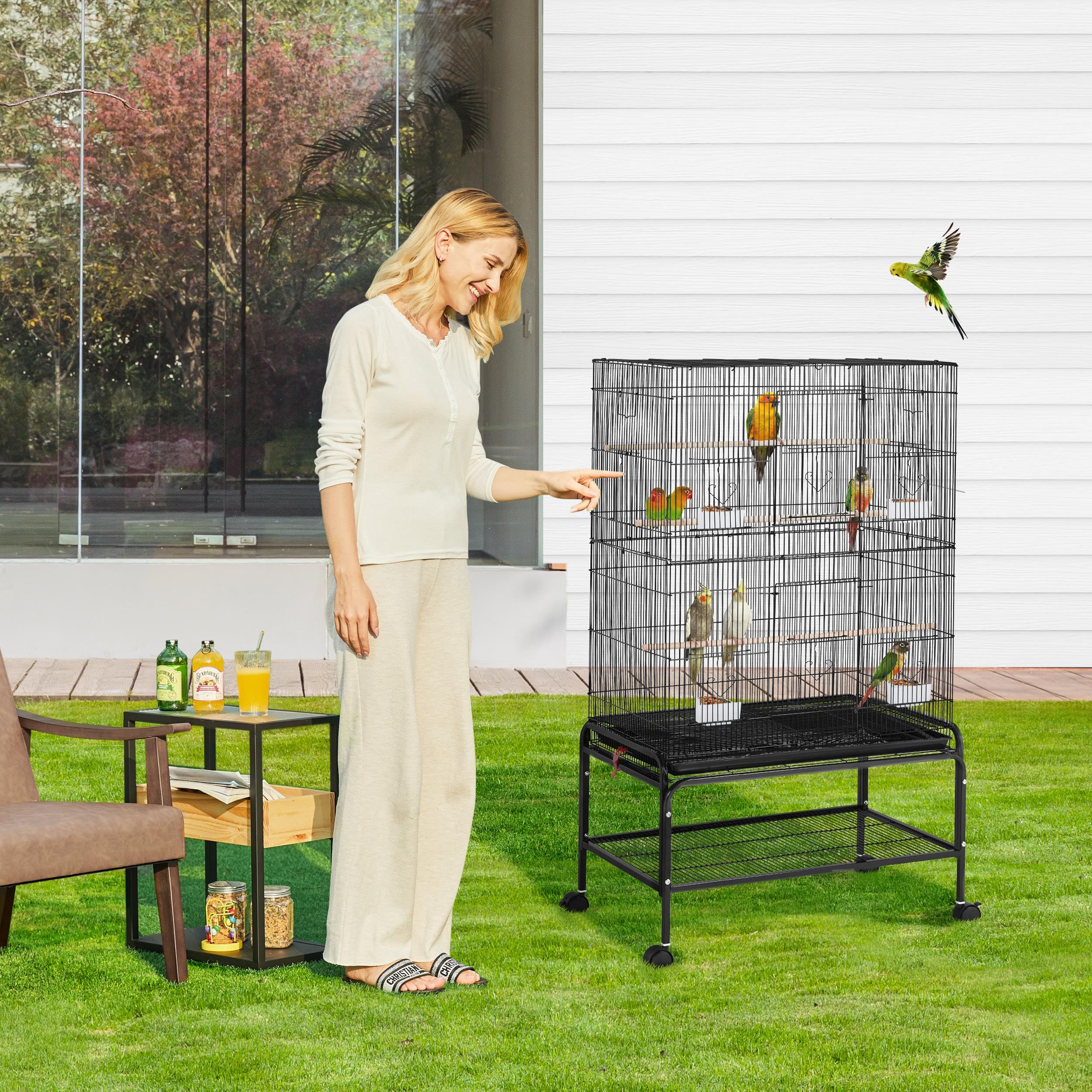 Yaheetech Vogelkäfig groß, 79 × 49 × 134,5 cm, Vogelvoliere mit 3 Sitzstangen, Papageienkäfig mit 6 Türen, Käfig für Wellensittich, 4 Futternapf, Schmutzwanneneinsatz, Schwarz