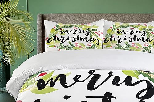 Miniatura 3 de Ambesonne Juego de funda de edredón de Navidad, estilo pintura de acuarela, corona de Navidad y muérdago con letras a mano, juego de ropa de cama