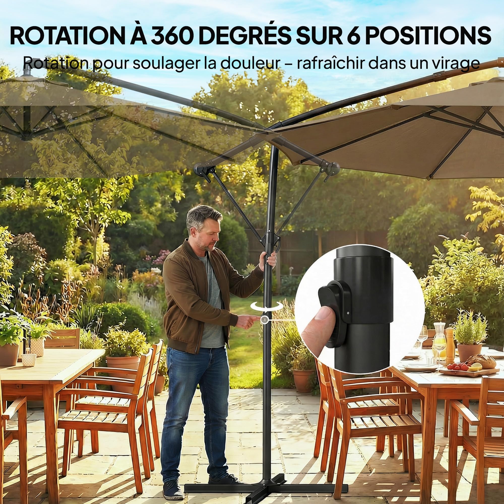 Outsunny Parasol Déporté Rond 3 m Inclinable, Housse de Protection, Kaki