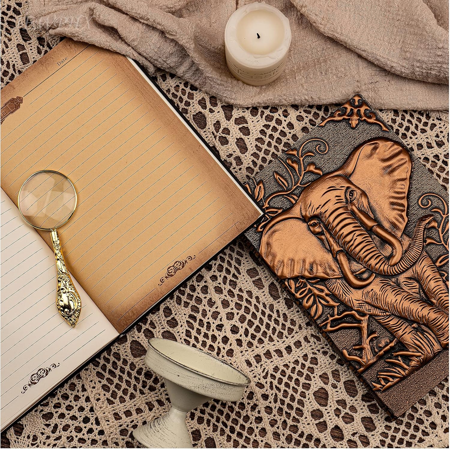3D Elephant Vintage Leather Journal Writing Notebook with Pen Set,Antique Handmade Leather Daily Notepad Sketchbook,Travel Diary&Notebooks to Write in,Elephant Journal Gift for Men Women - Image 4