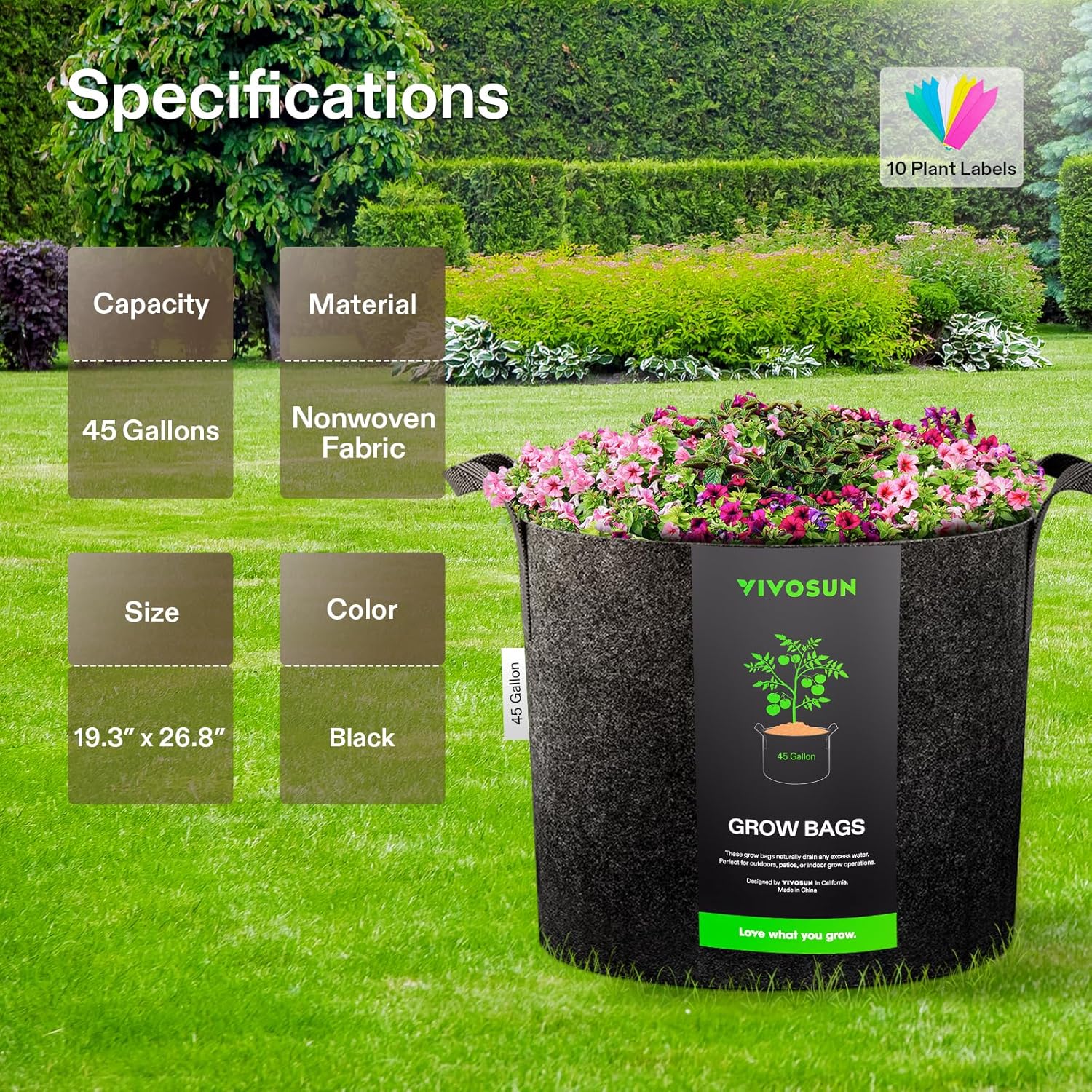VIVOSUN 2 Pack 45 Gallon Grow Bag, Fabric Pot with Handles for Vegtables and Plants