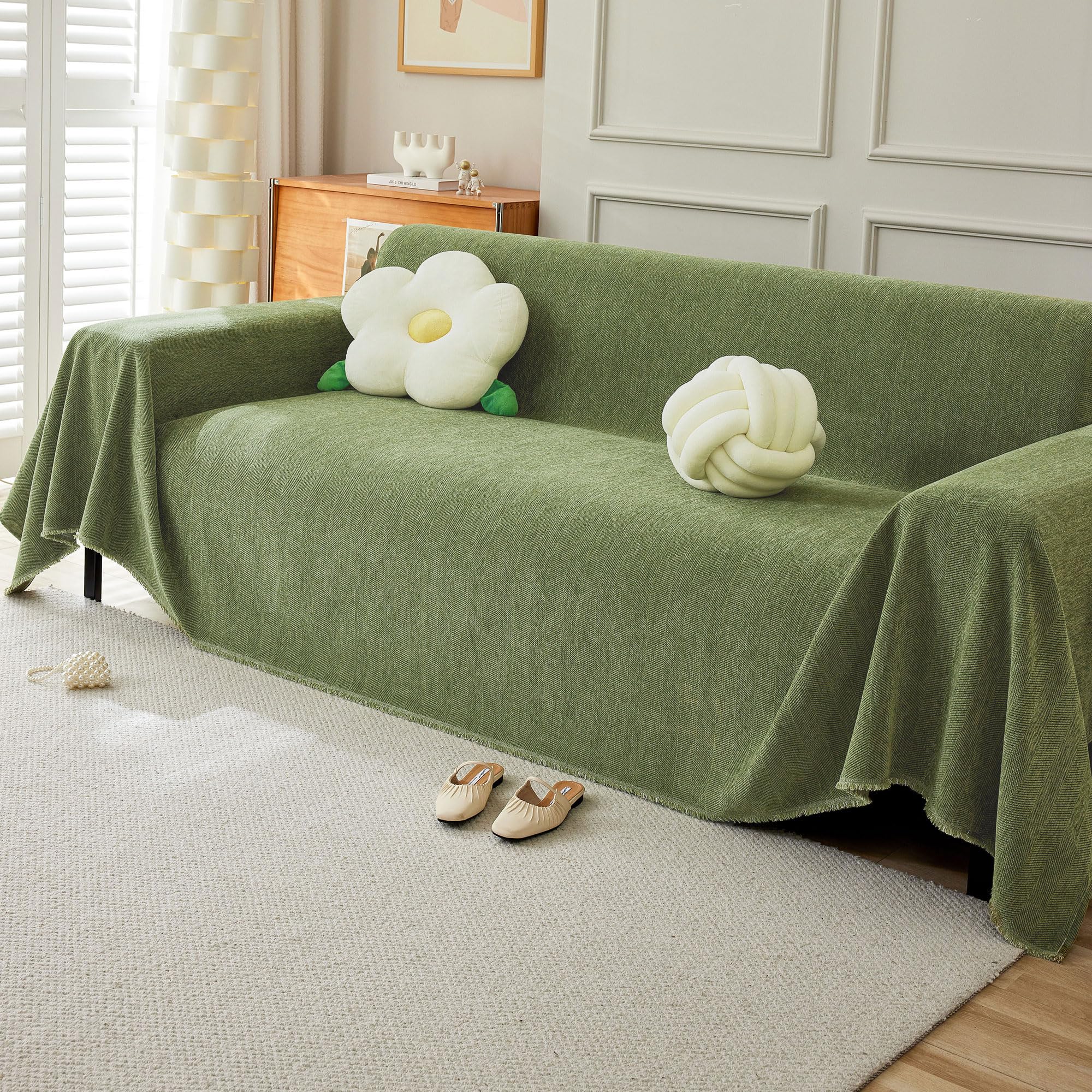 DREAMINGO Chenille Chic Couch Cover Simple Boho Sofa Covers for 2 Cushion Couch Herringbone Green Sofa Slipcover Washable Pet Furniture Protector Loveseat Covers for Sectional Futon Couch, 91"x118" โ image 1