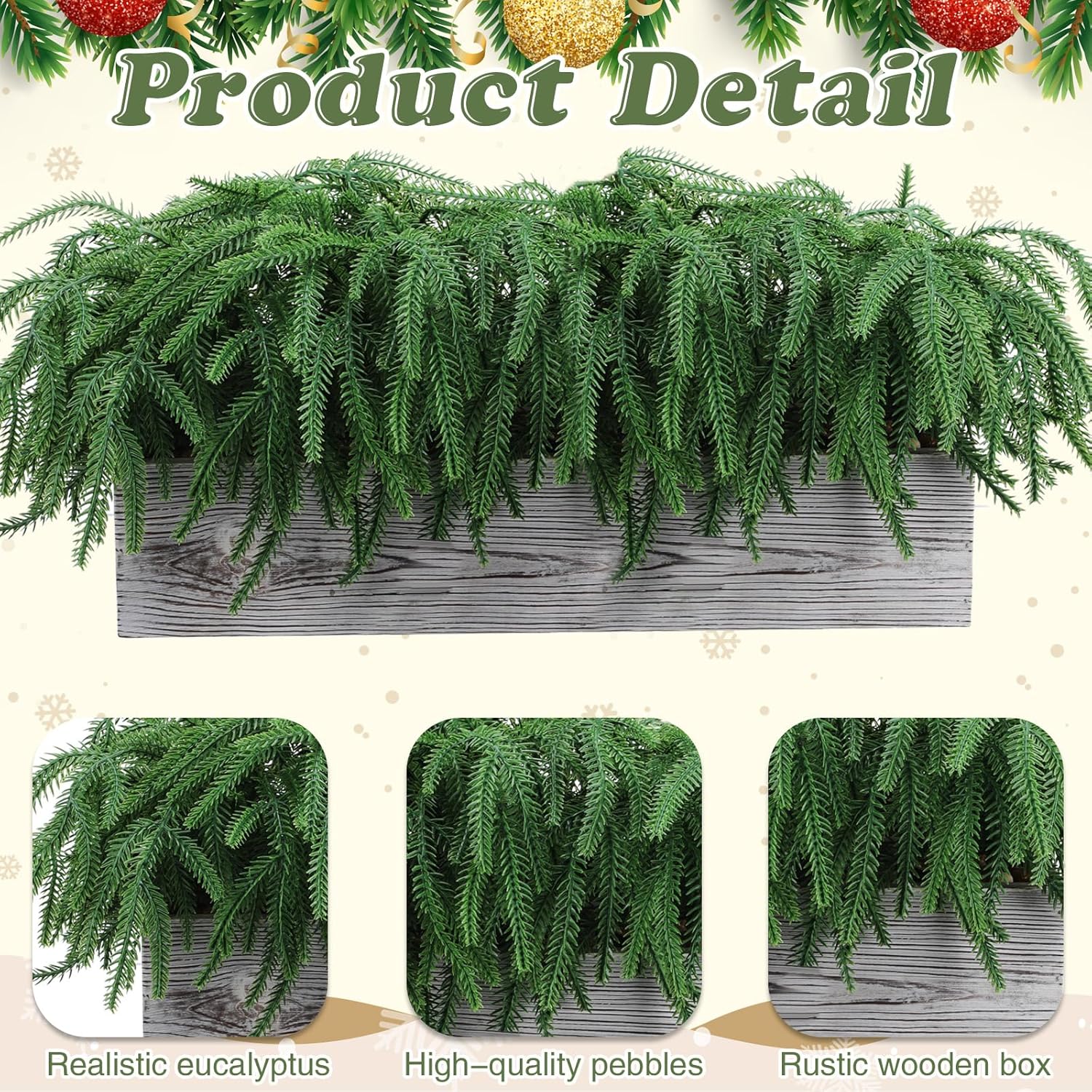 Weysat 2 Pack Artificial Christmas Norfolk Pine with Rustic Wooden Pot Realistic Norfolk Faux Greenery Pine Stems Christmas Fake Cedar Stems for Xmas Home New Year Winter(16.14 x 3.7 x 8.66 Inch)