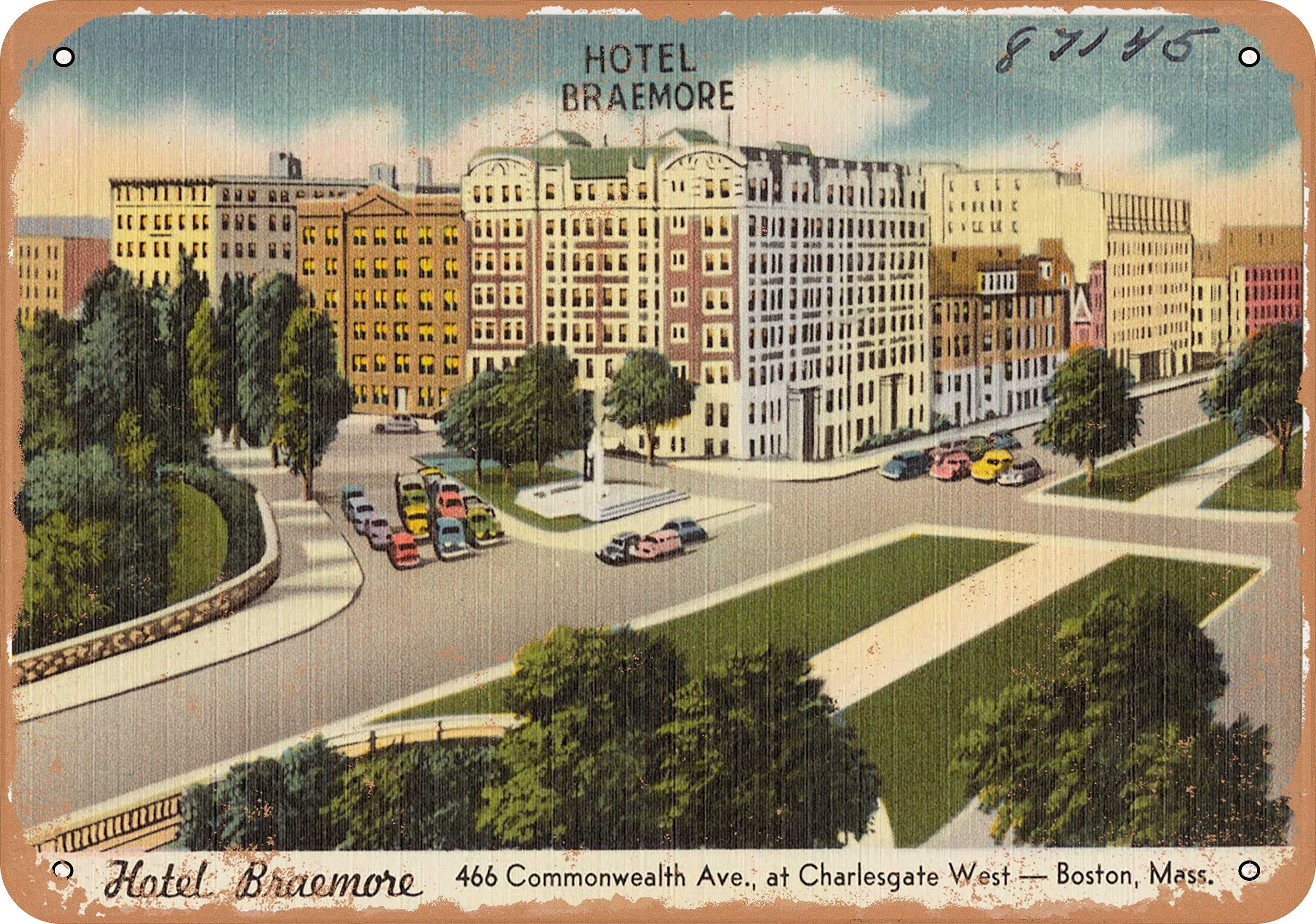 10 x 14 METAL SIGN - Massachusetts Postcard - Hotel Braemore, 466 Commonwealth Ave, at Charlesgate West - Boston, Vintage Rusty Look