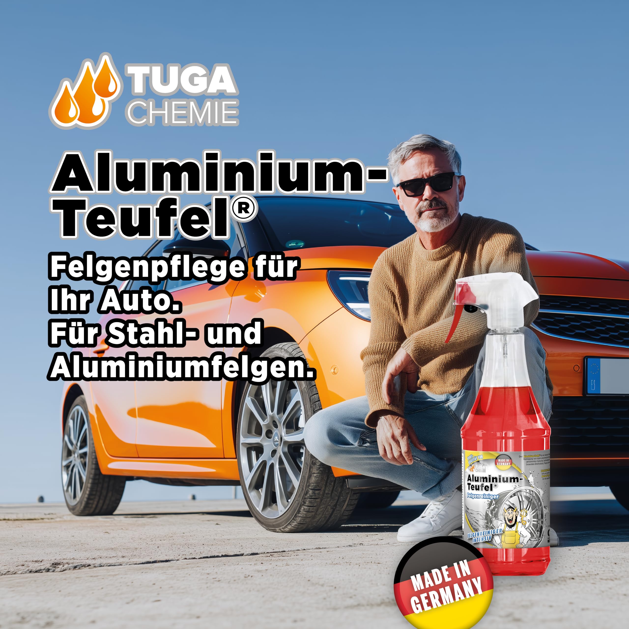 TUGA Chemie Aluminium-Teufel Felgenreiniger– säurehaltig, extra stark gegen Bremsstaub & Flugrost, für Alu- und Stahlfelgen, Felgenreiniger - 5 L Kanister - Made in Germany