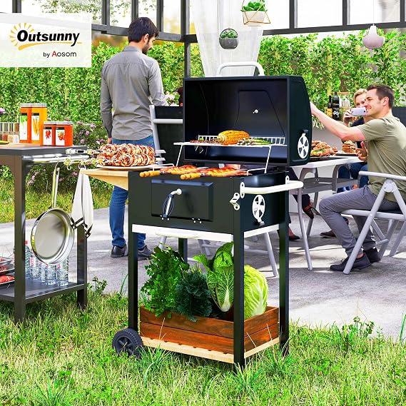 Outsunny Charcoal BBQ Grill Outdoor Portable Cooker with Side Table Black