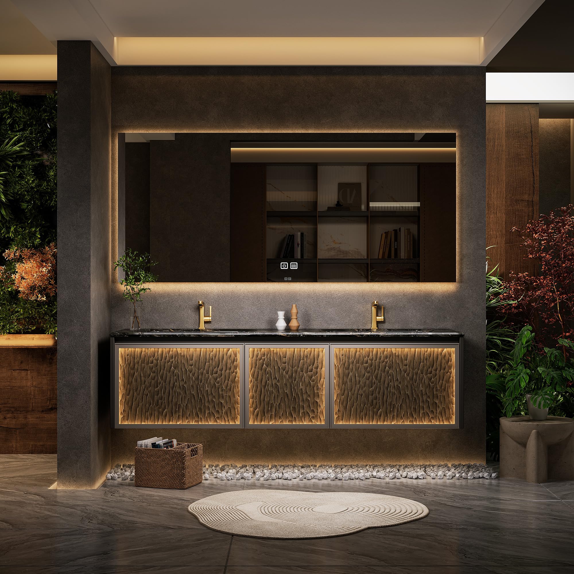 Doppio lavabo da bagno con specchio LED anti-appannamento, montaggio a parete, design in legno massello e Functal Sto per bagni moderni