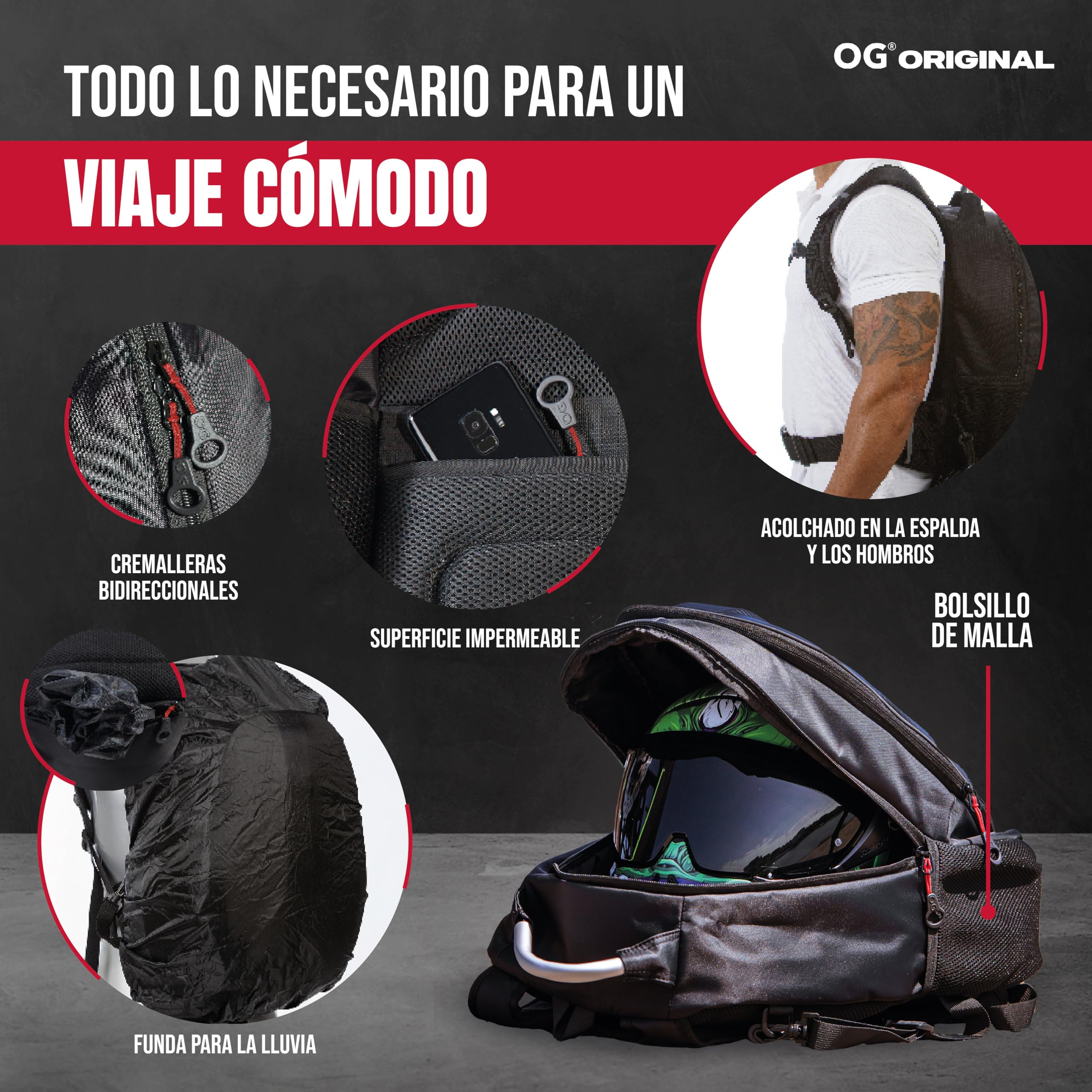 GetAway Mochila para Moto Impermeable de Carcasa Rígida 2 Cascos 35-45L | Mochila ampliable de con compartimento para portátil, sistema antirrobo, correa para casco y detalles reflectantes.