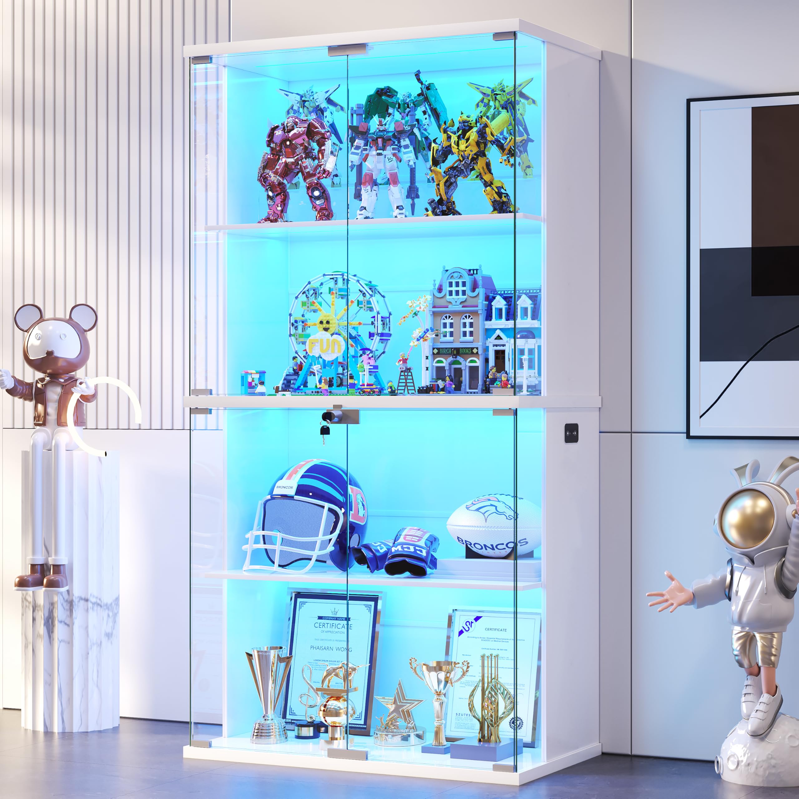 4-Tier Glass Display Cabinets with LED Lights Human Sensor for Collectibles