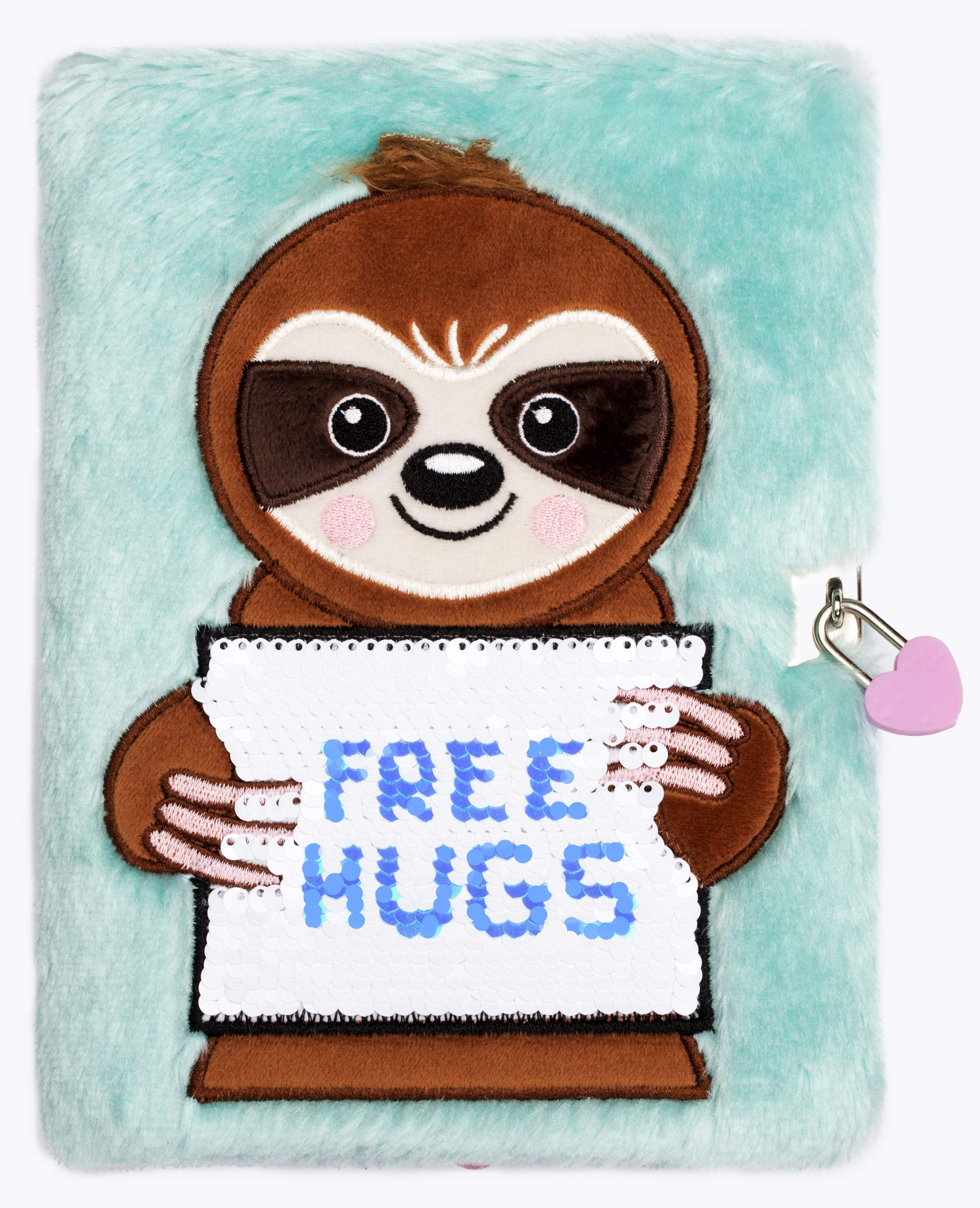 Fringoo Secret Diary for Girls Plush & Reversible Sequins Journal with Padlock + Bookmark Weekly Planner + Notebook A5 Lockable 96 Pages Gift for Girls (Free Hugs Sloth)