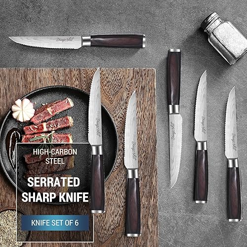 Miniatura 10 de Dingerkit Juego de 4 cuchillos para carne, cuchillos de carne dentados, cuchillos de carne de acero inoxidable con mango de madera de Pakkawood,