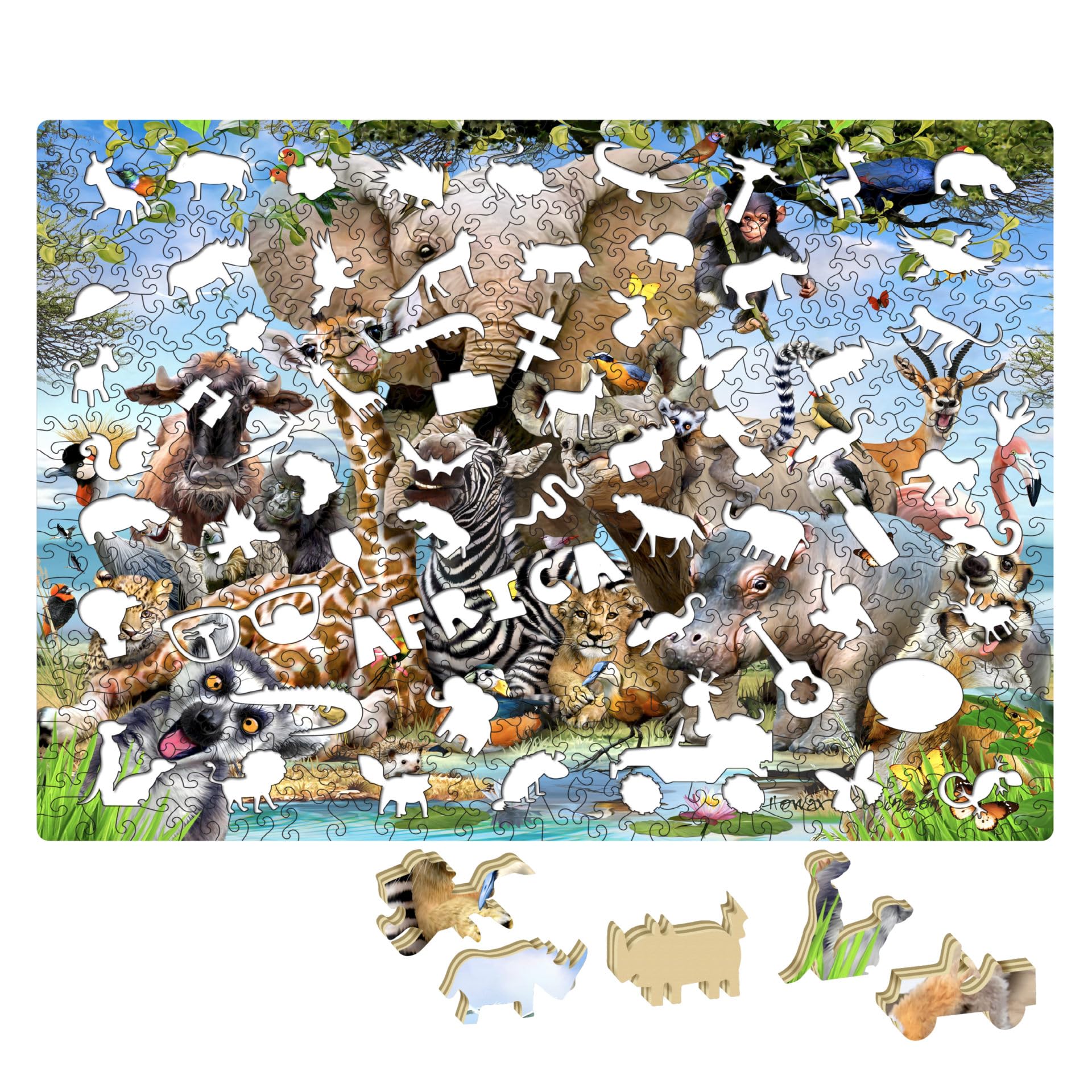 Puzzle Africa Selfie 501 Piece Widget Puzzle, Howard Robinson Wildlife Art, Wooden Interlocking Pieces with Widget Shapes, 450 x 350mm - Image 4