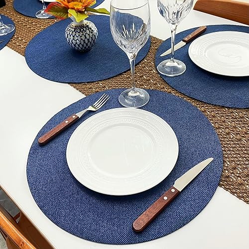 Miniatura 6 de SLOW COW Juego de 4 manteles individuales redondos de lino para mesa de comedor, 15 pulgadas, lavables, color mezclilla oscuro