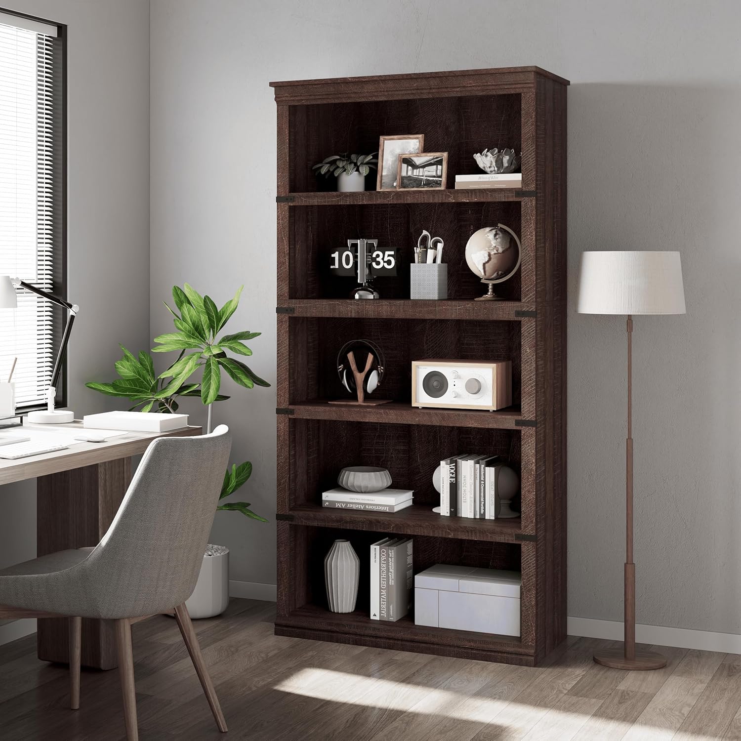 5 Tier Farmhouse Bookcase, 67.4" Tall Book Shelf with Storage, Wooden Bookshelves 5 Shelf Display Shelves for Home Office(67.4" H x 31.5" W x 12.8" D) (Reddish Brown, 67.4" H x 31.5" W x 12.8" D)