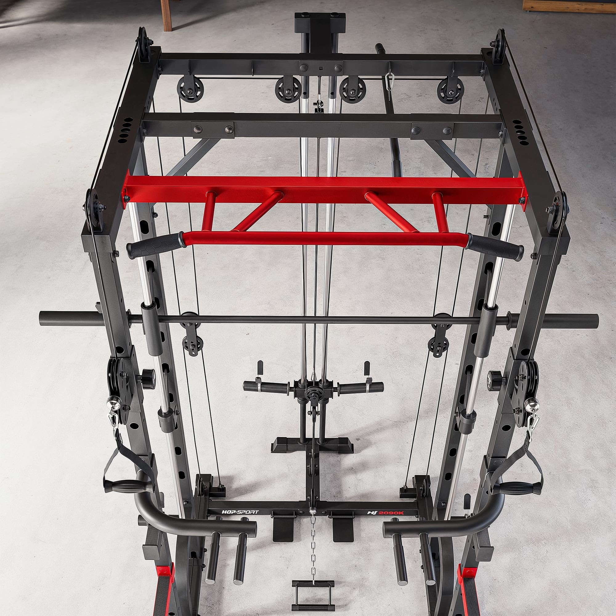 Hop-Sport Power Rack HS-2090K mit Latzug und Smith-Maschine, Power Cage mit Kabelzug, Klimmzugstange, Dip-Barren, Landmine, Multipresse und Sicherheitsablagen, Kraftstation Home Gym
