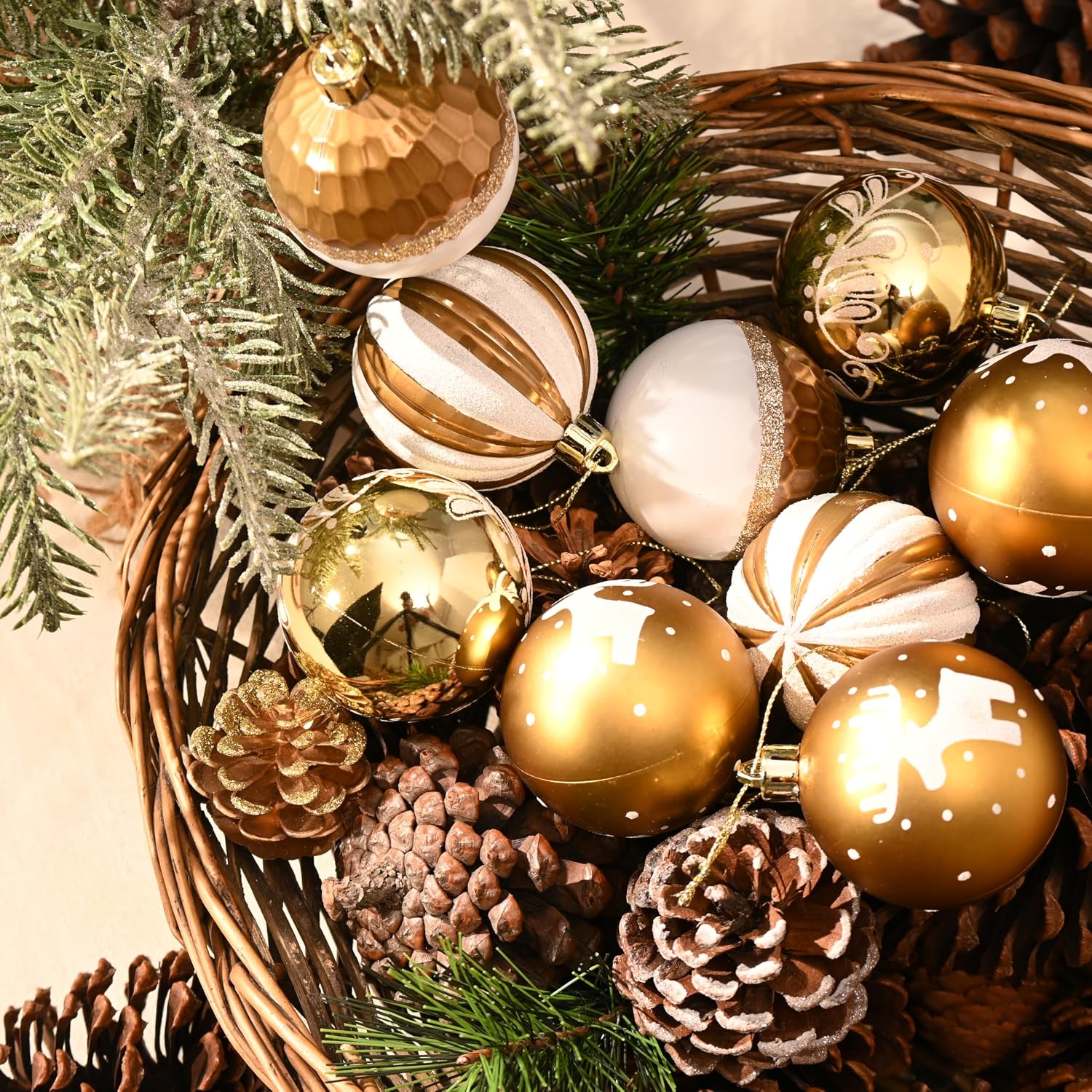 DecorbyHannah 9ct 2.36inch Christmas Ornaments Tree Decorations Gold White