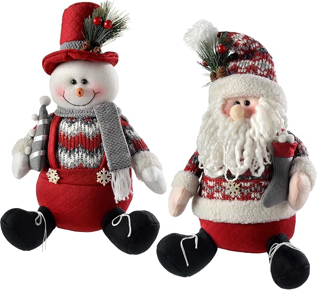 WeRChristmas Sitting Santa Snowman Christmas Decorations, 30 cm - Red/Grey, Set of 2
