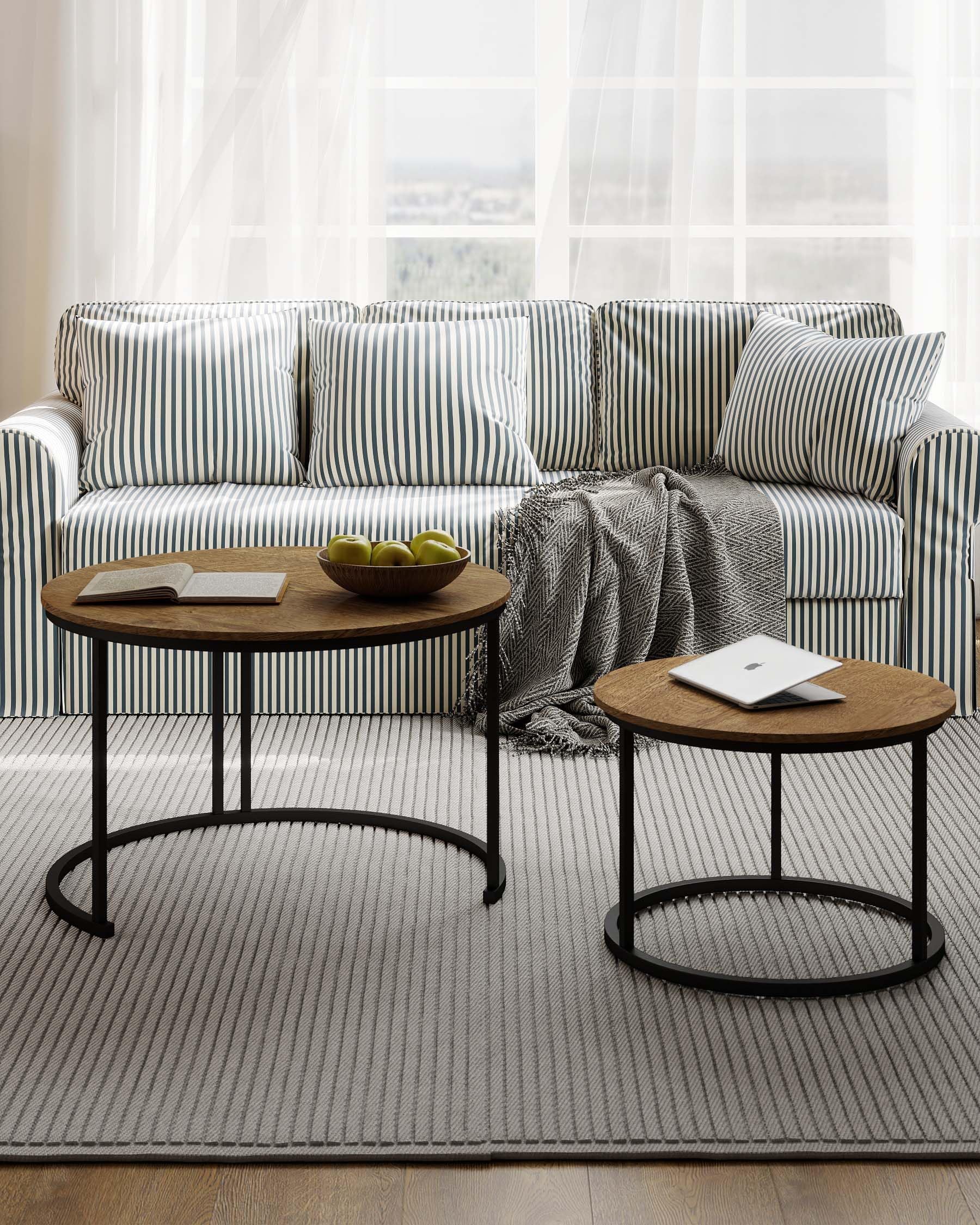 Tavolino Rotondo da Salotto, Tavolino da Salotto Legno Moderno, Tavolo Salvaspazio con cornice nera, Coffee Table 2 pezzi