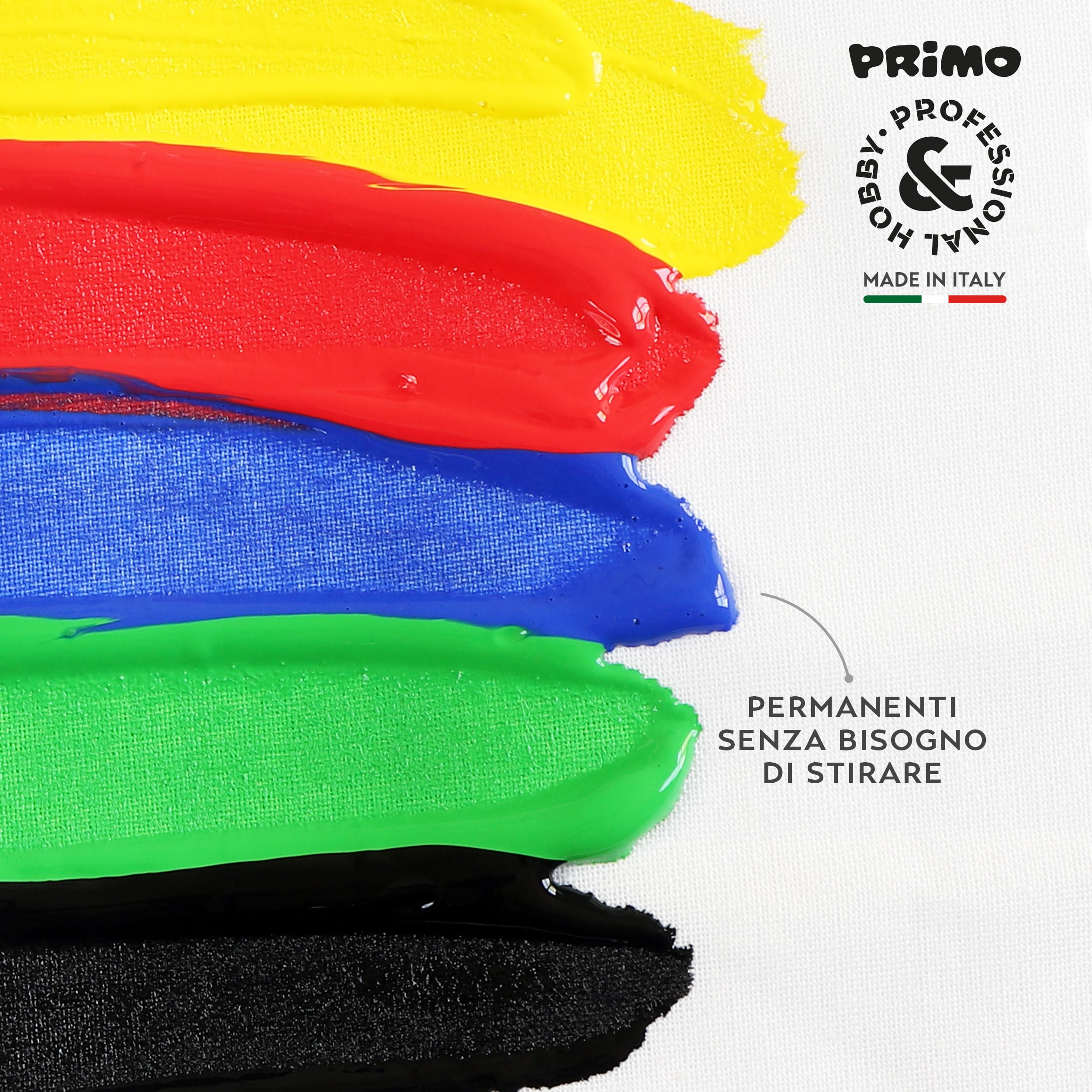 PRIMO Hobby & Professional - Colori Acrilici per Dipingere 6 Colori per Artisti +14 Anni 125ml Colori per Tessuti Permanenti Coprenti Vernice Acrilica Cartoleria Lavoretti Creativi Pittura per Tessuti
