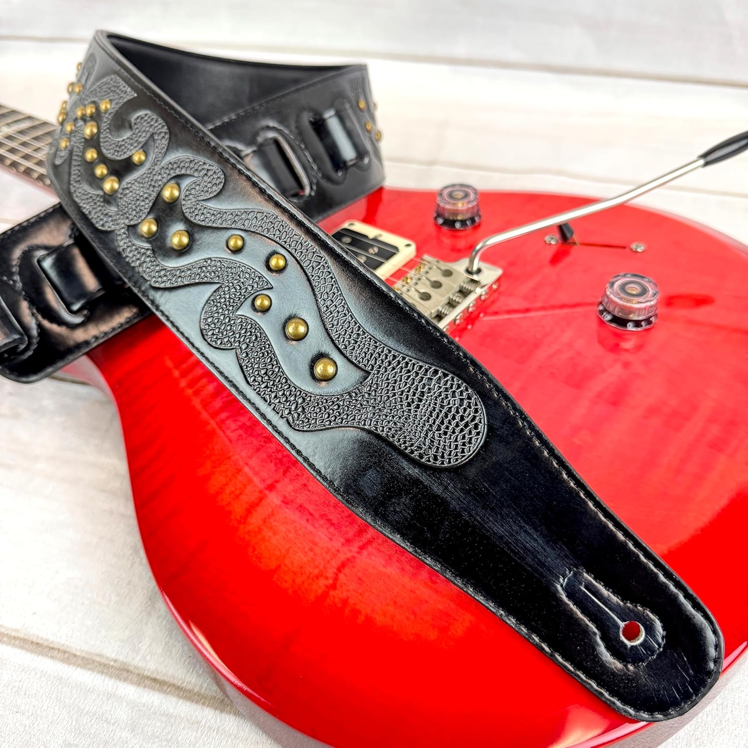 Walker & Williams GE-217 Midnight Blue Handmade Padded Leather Guitar Strap with Celtic Tooling and Brass Studs For Electric, Acoustic, And Bass Guitars