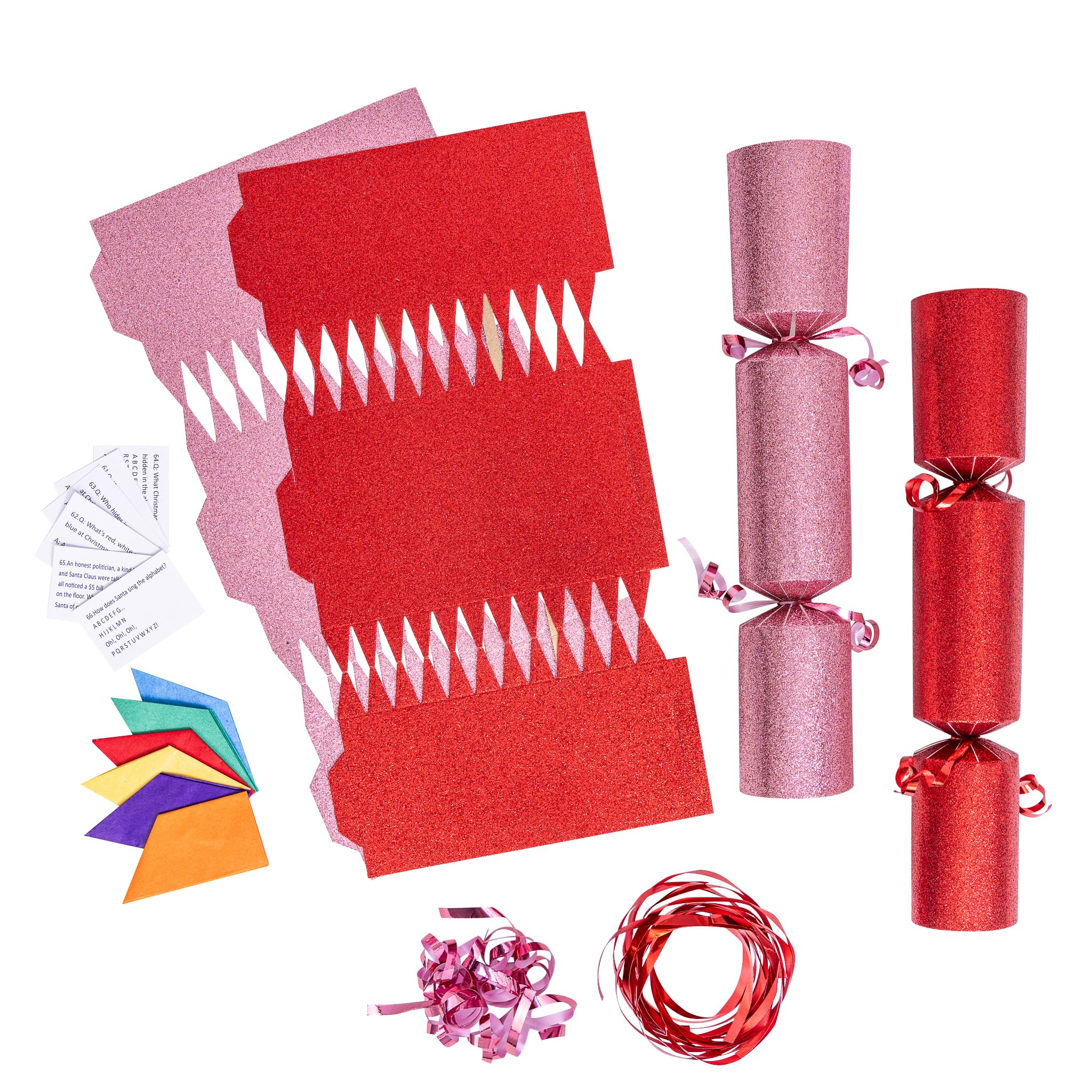 evelay 12 Make Your Own Christmas Cracker Kit DIY Red & Pink Glitter Crackers Hats Snaps Jokes (Red, Pink)