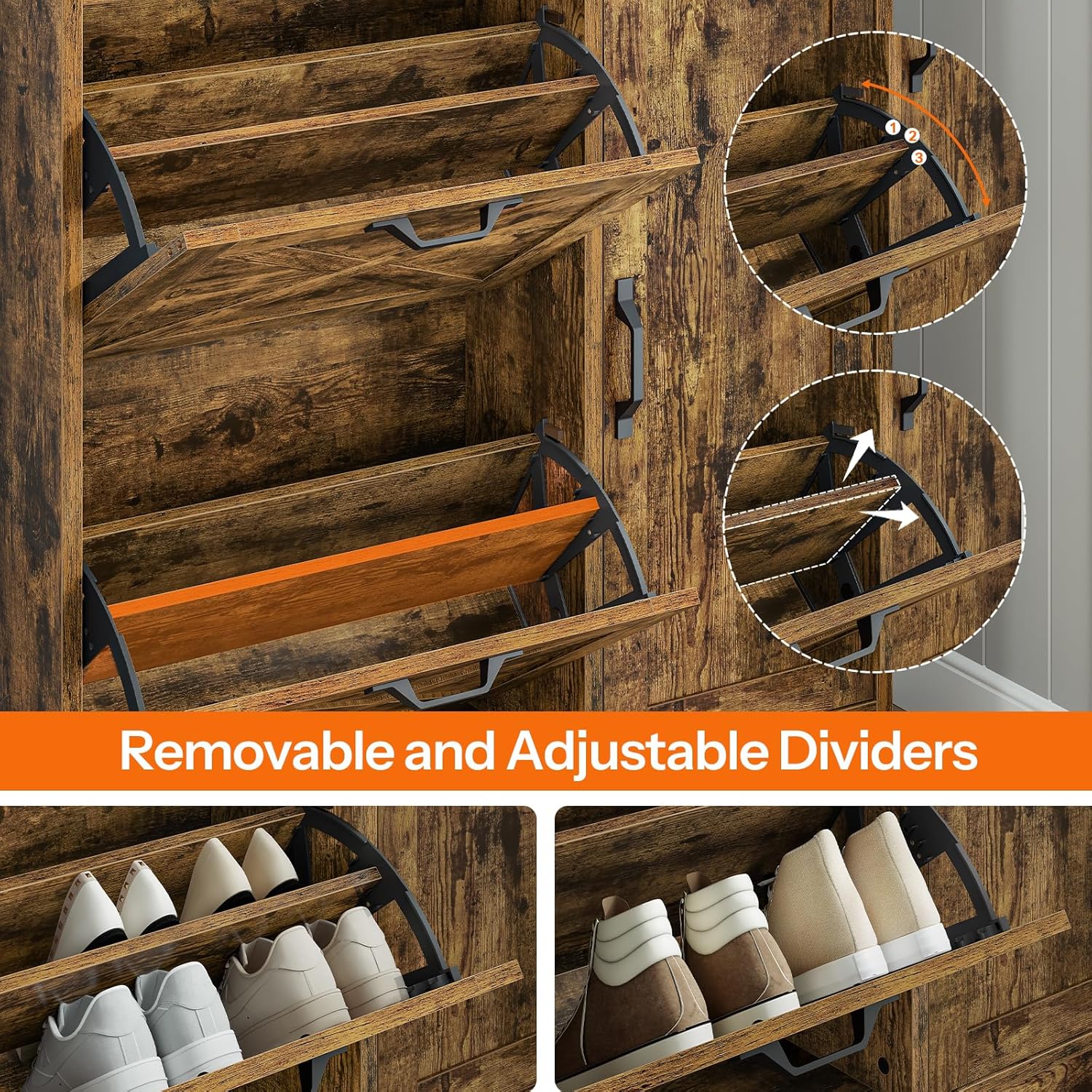 HOOBRO Slim Shoe Cabinet with 2 Flip Drawers & Side Storage, Narrow Shoe Storage Cabinet for Entryway, Wooden Shoe Organizer for Small Spaces, Adjustable Shelves, Rustic Brown FG90SC01US