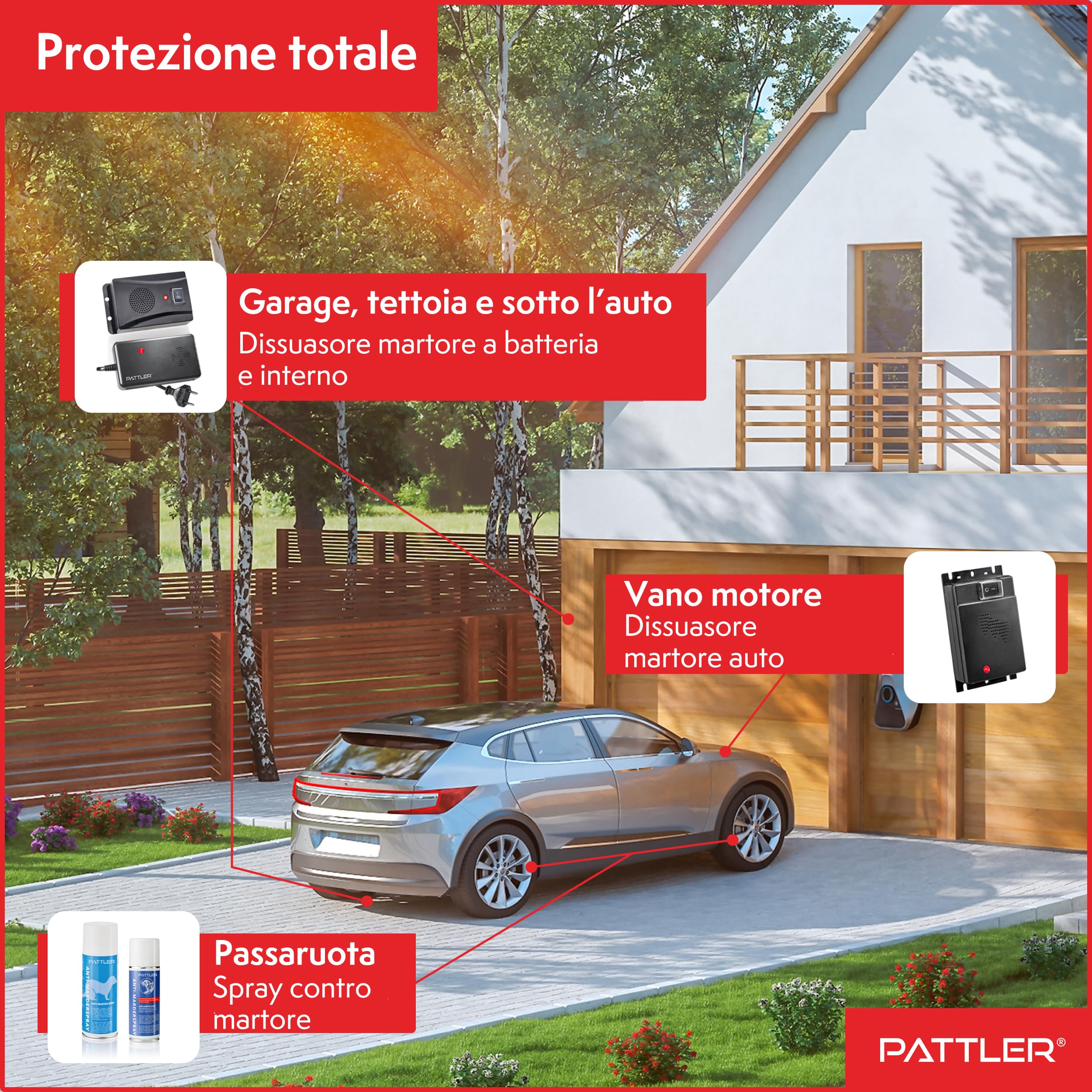 PATTLER Anti Martora per Auto con Ultrasuoni - Protezione Immediata e a Lungo Termine Contro Le Martore nel Vano Motore - Funziona con Batteria Auto a 12V - 1 Pezzo