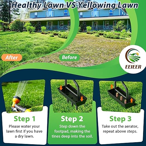 Miniatura 7 de EEIEER Aireador manual de césped con cesta de almacenamiento de tierra, herramienta aireadora mejorada 2025, aireadores de 3 dientes para patio