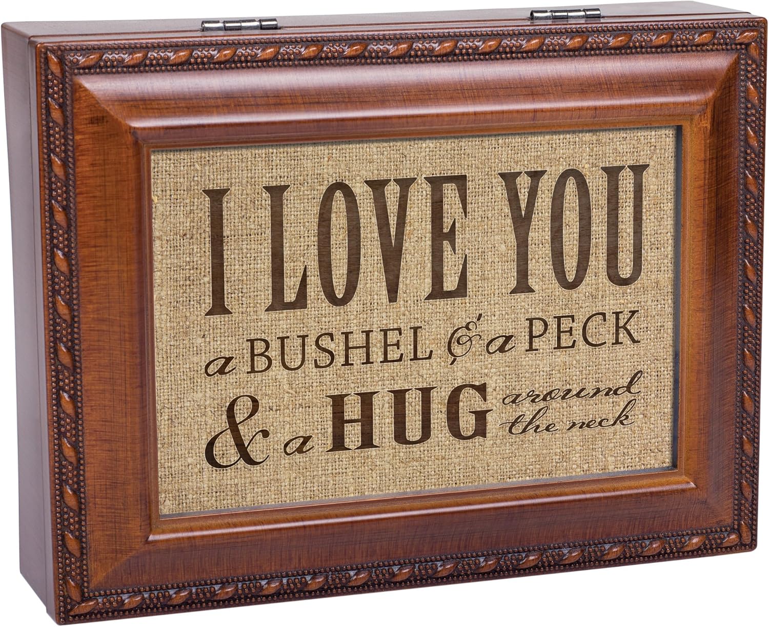 Cottage Garden Love You a Bushel Peck Woodgrain Rope Trim Jewelry Music Box Plays Wind Beneath My Wings