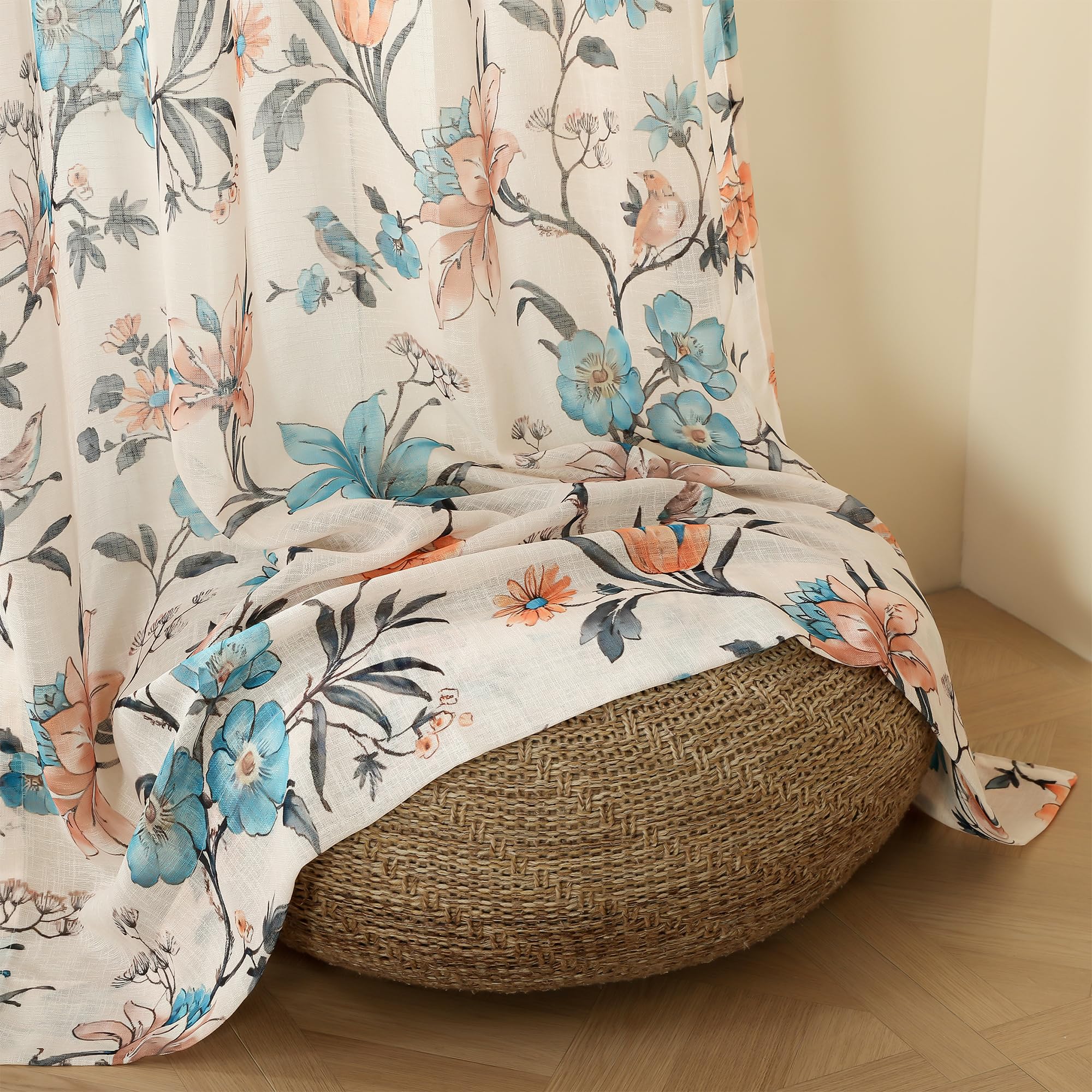 Story@Home Door Curtains 7 Feet Long Set of 2 | Floral Printed | Semi Transparent Curtain | Net Curtains | Sheer Curtain for Living Room | (118 x 215 cm, Cream & Blue) | Perfect for Home Decor