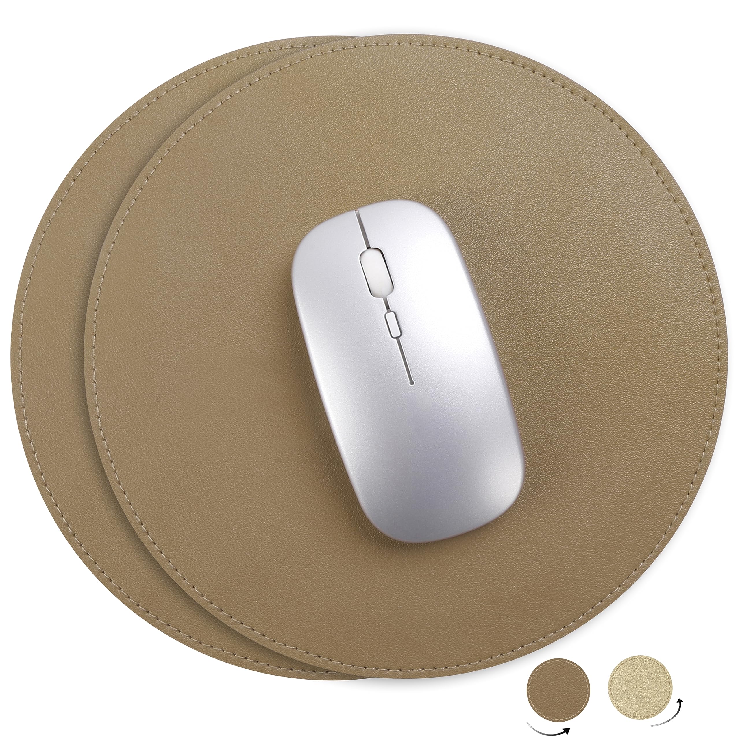 YSAGi 2 Pack Mouse Pads, Ultra Thin Waterproof PVC Leather Mouse Pad,Stitched Edges,Works for Computers, Laptop,All Types of Mouse pad, Office/Home (Khaki, 8.66'')